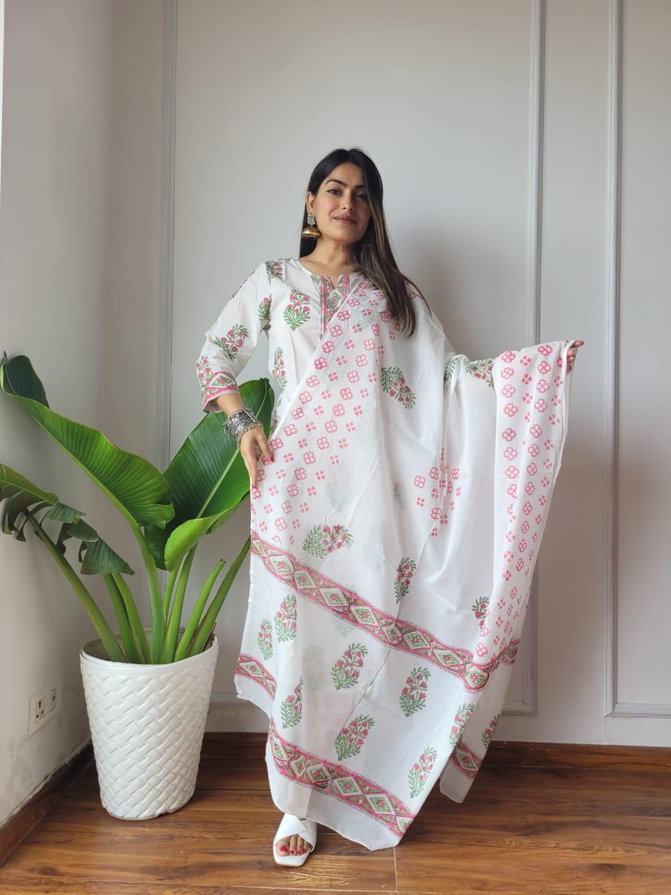 Summer White Pink Block Print Suit Set And Dupatta