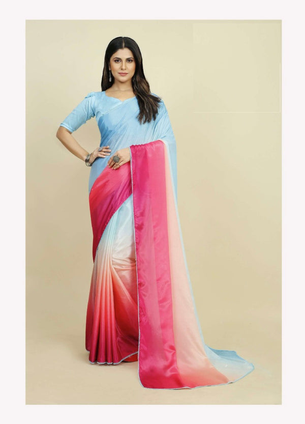 Rocky And Rani Blue Pink Chinon Trending Saree