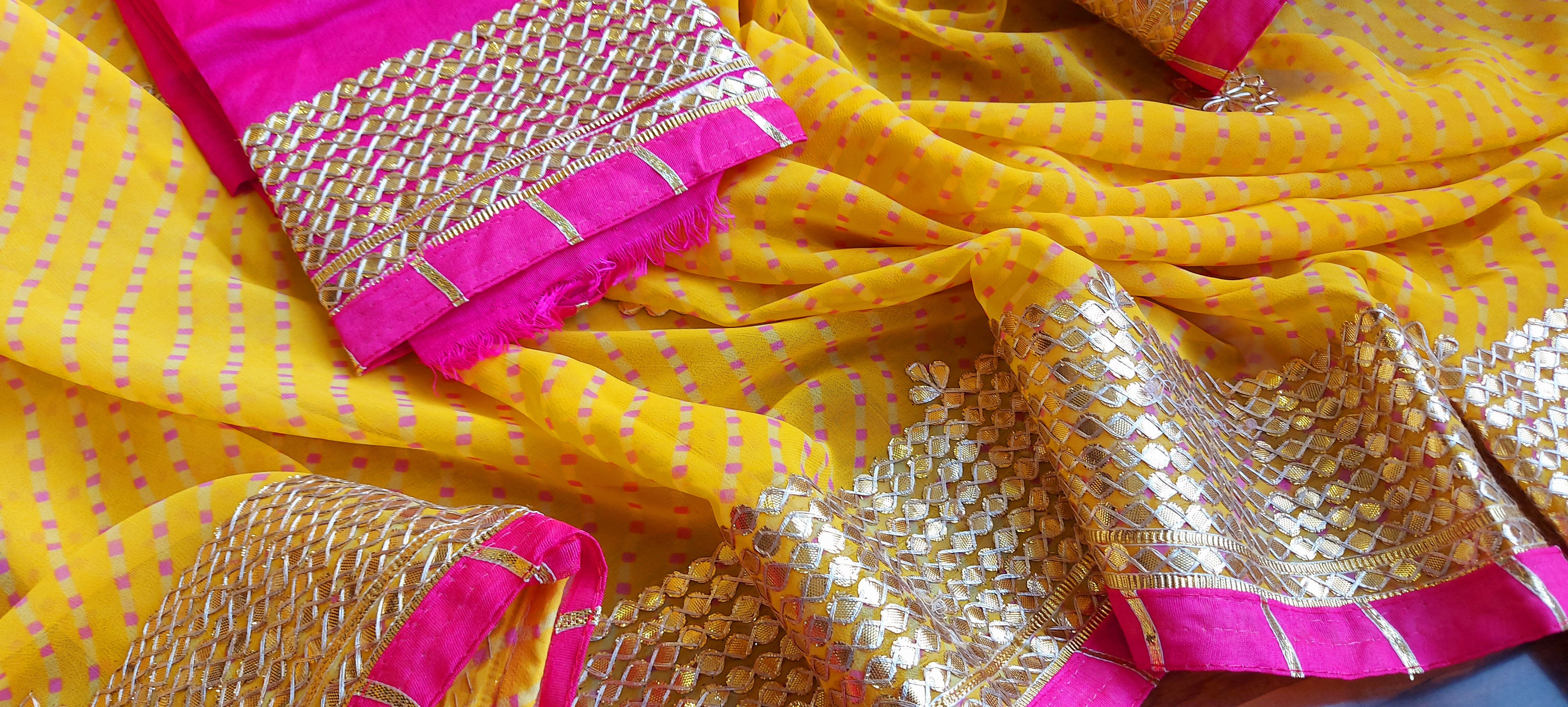 Yellow Pink Soft Georgette Gota work Saree