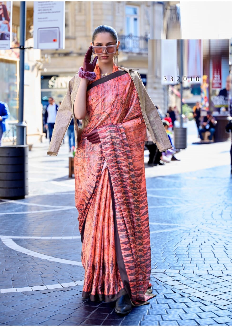 Orange Satin Crape Saree With Digital Print