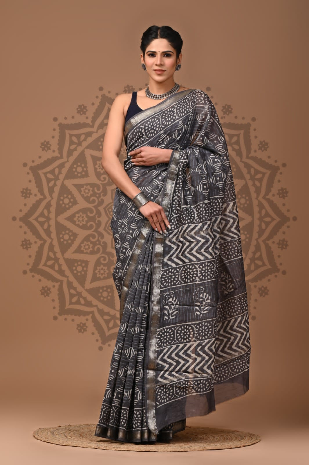 Grey Maheshwari Bagru Block Print Saree