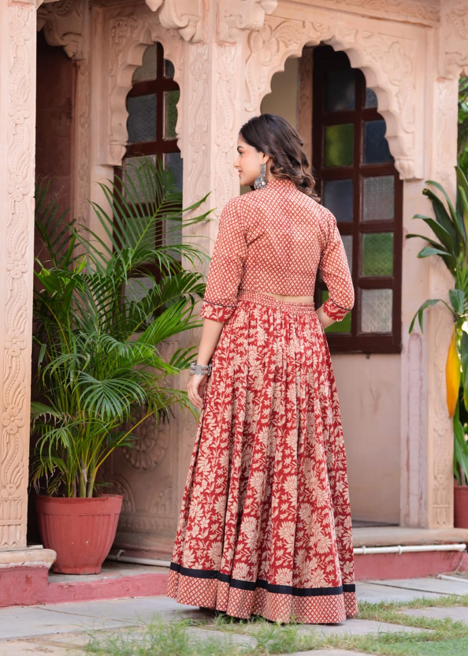 Red Block Print Flora lehenga choli Set