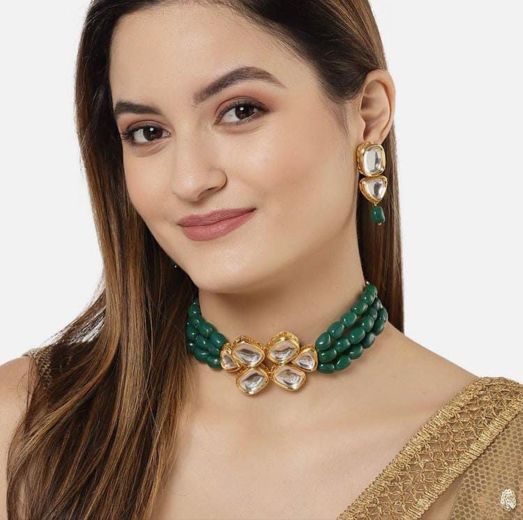 Green pearl Pearl Kundan Necklace Set