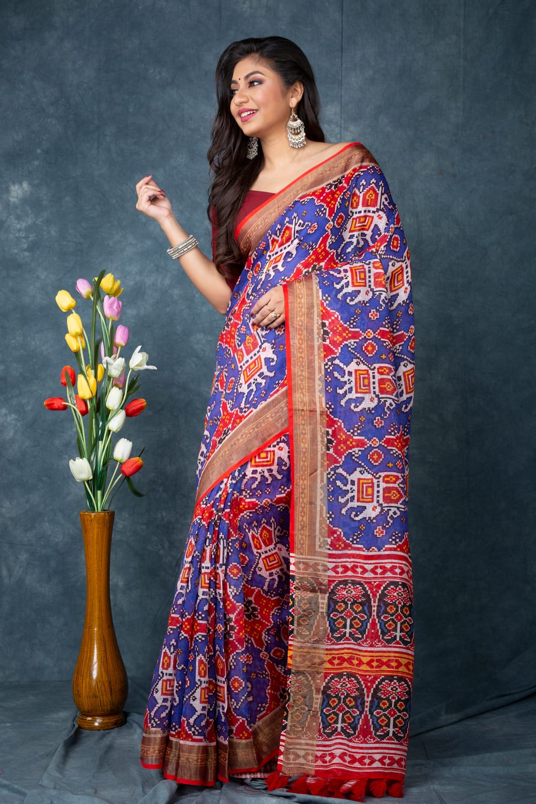 Dark Blue Patola look pure linen saree with blouse