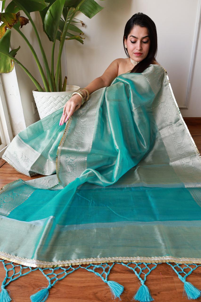 Celebrity Look Blue Tissue Saree