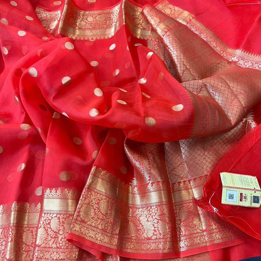 Banarasi Semi Kora Organza Saree in Red