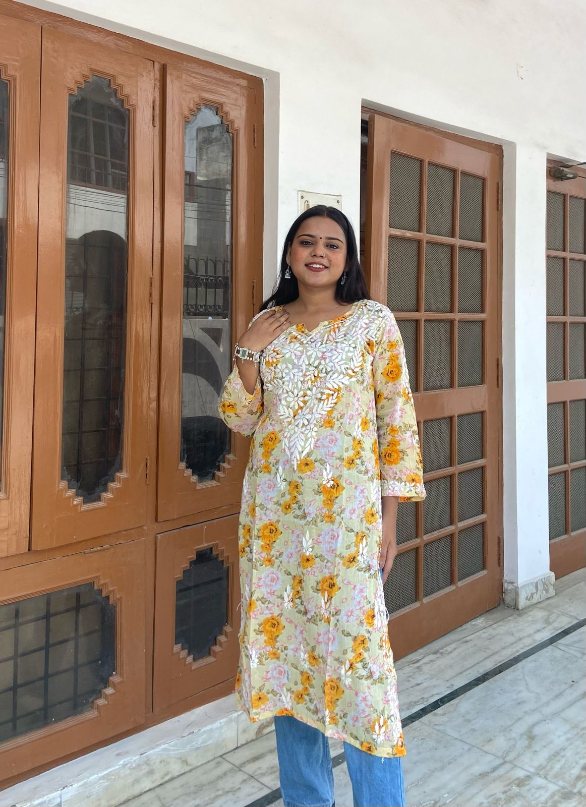 Yellow White  Mul mul cotton chikankari kurti