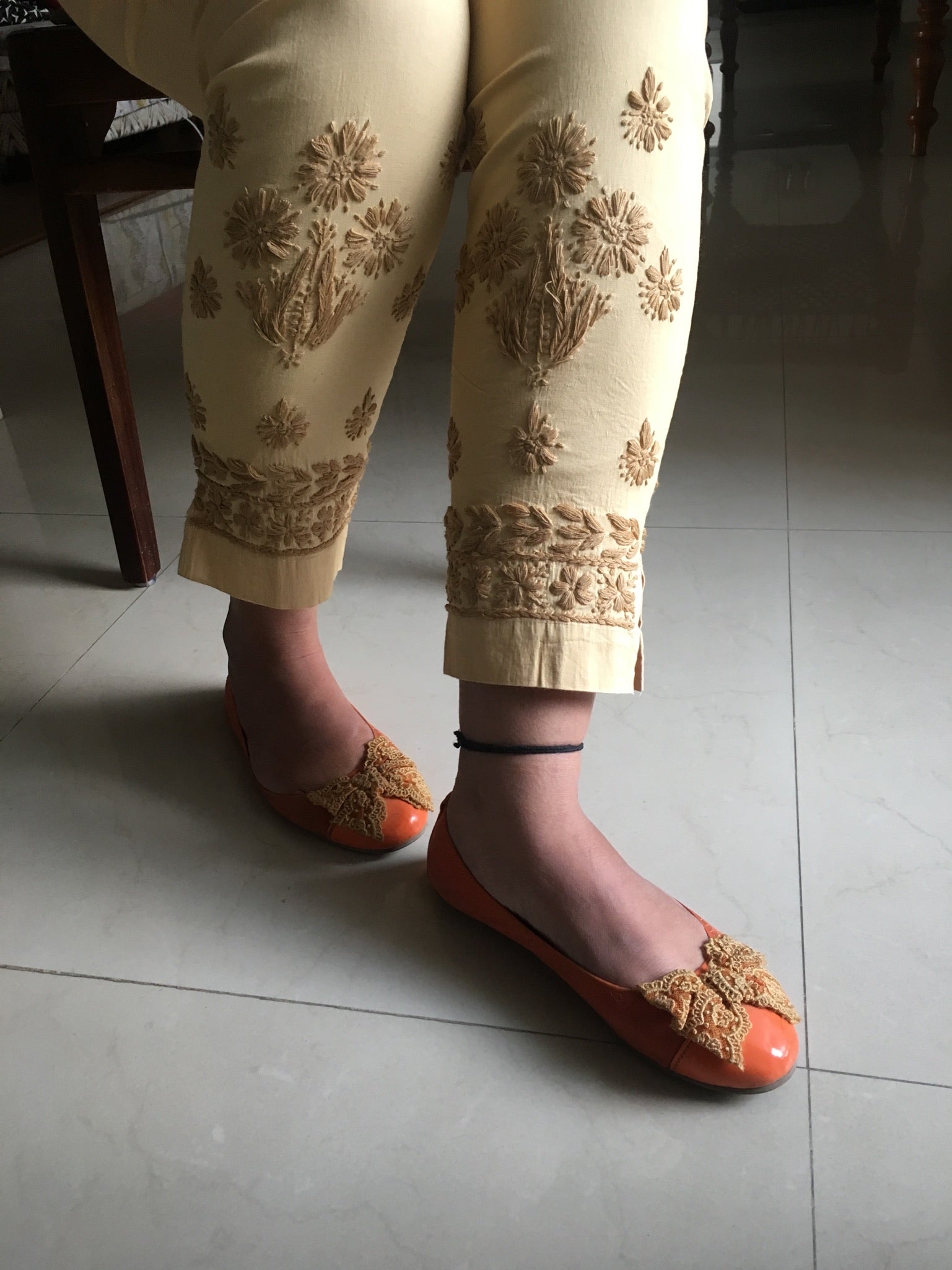 Lakhnawi Chikankari beige straight pants 