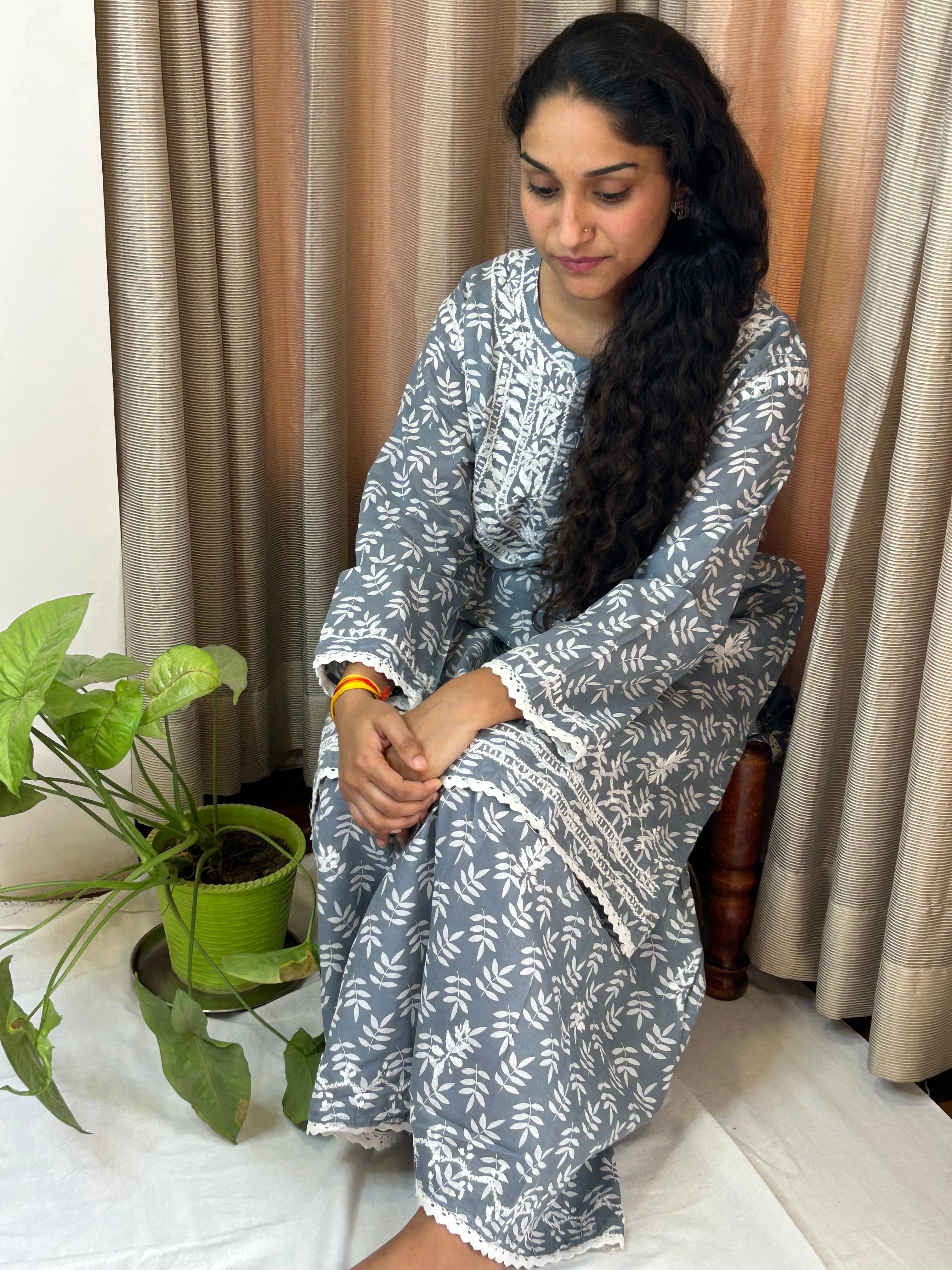 Grey Floral Lucknowi Cotton Chikankari Sharara Set