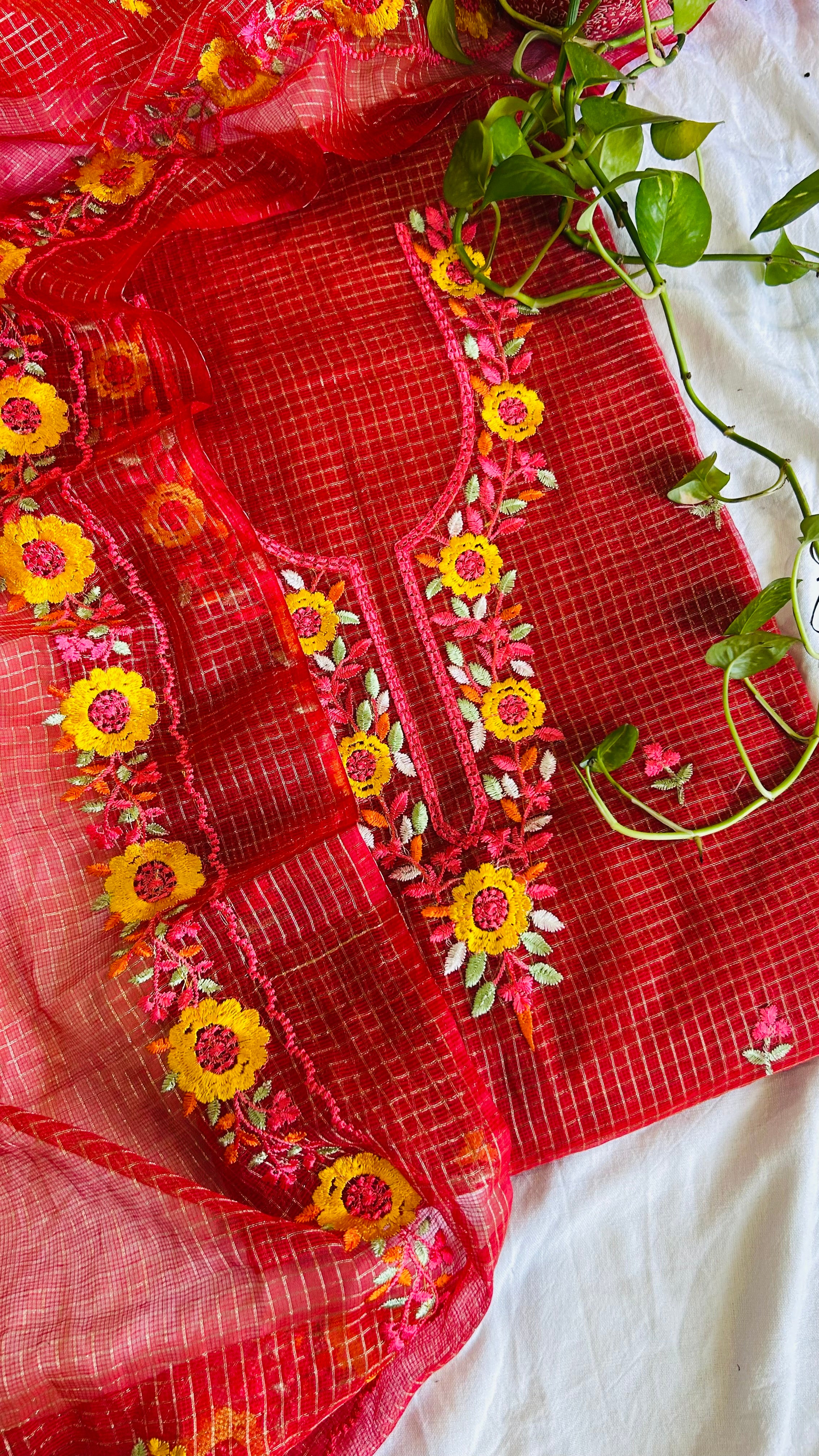 Kota Doria Embroidered Suit Set In Red (unstitched)