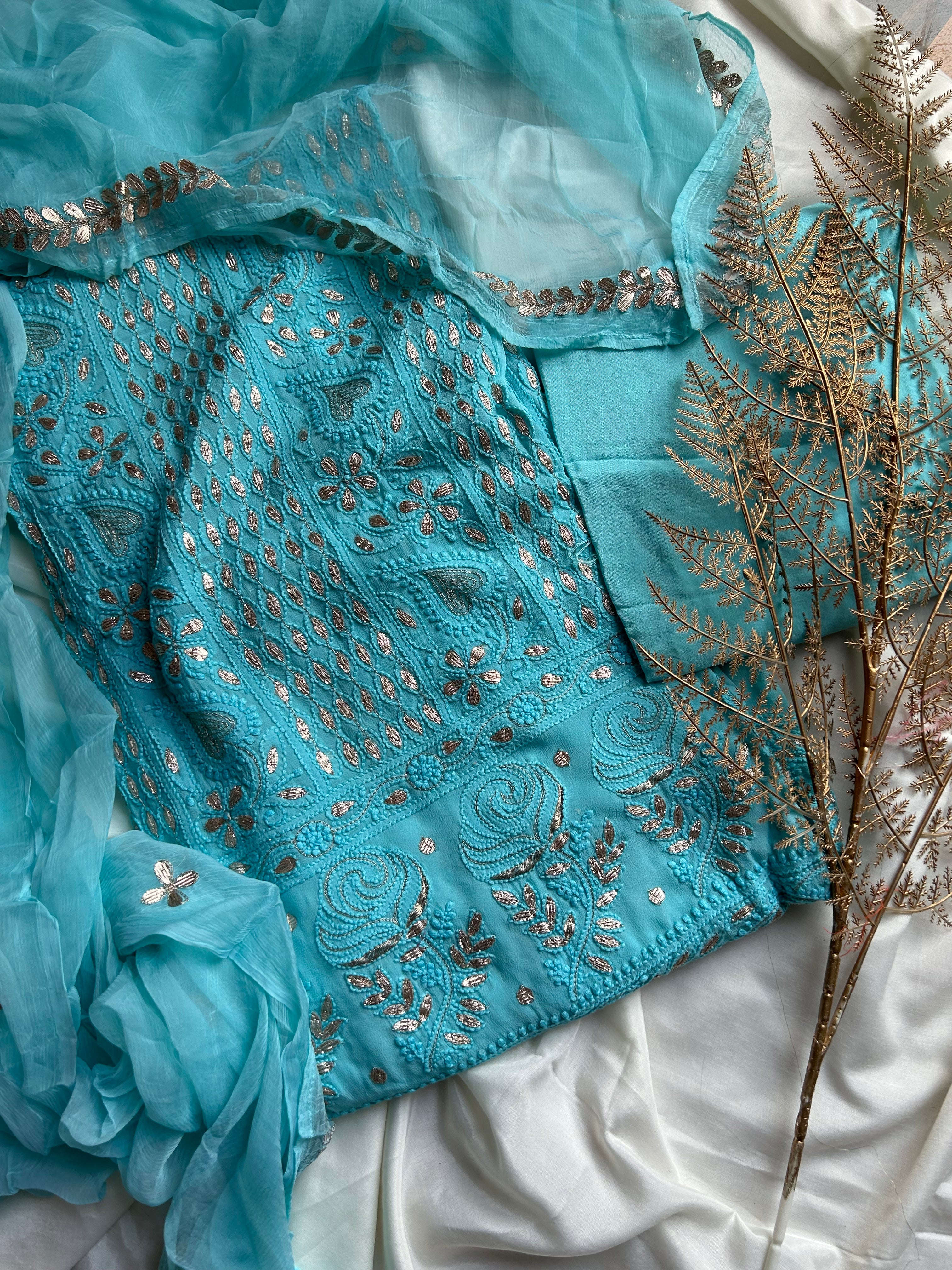 Teal Green Lucknowi Gota work Unstitched salwar suit set