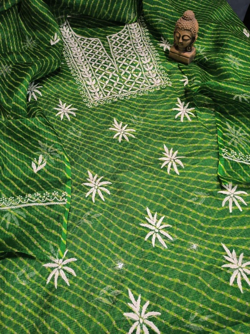 Green Chikankari Kota Doria Suit Material