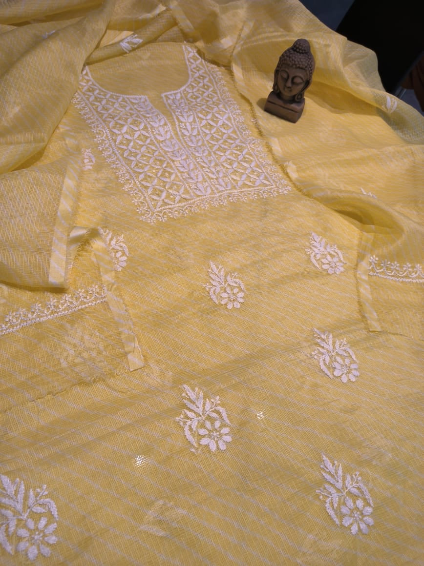 Lemon Yellow Chikankari Kota Doria fabric Suit