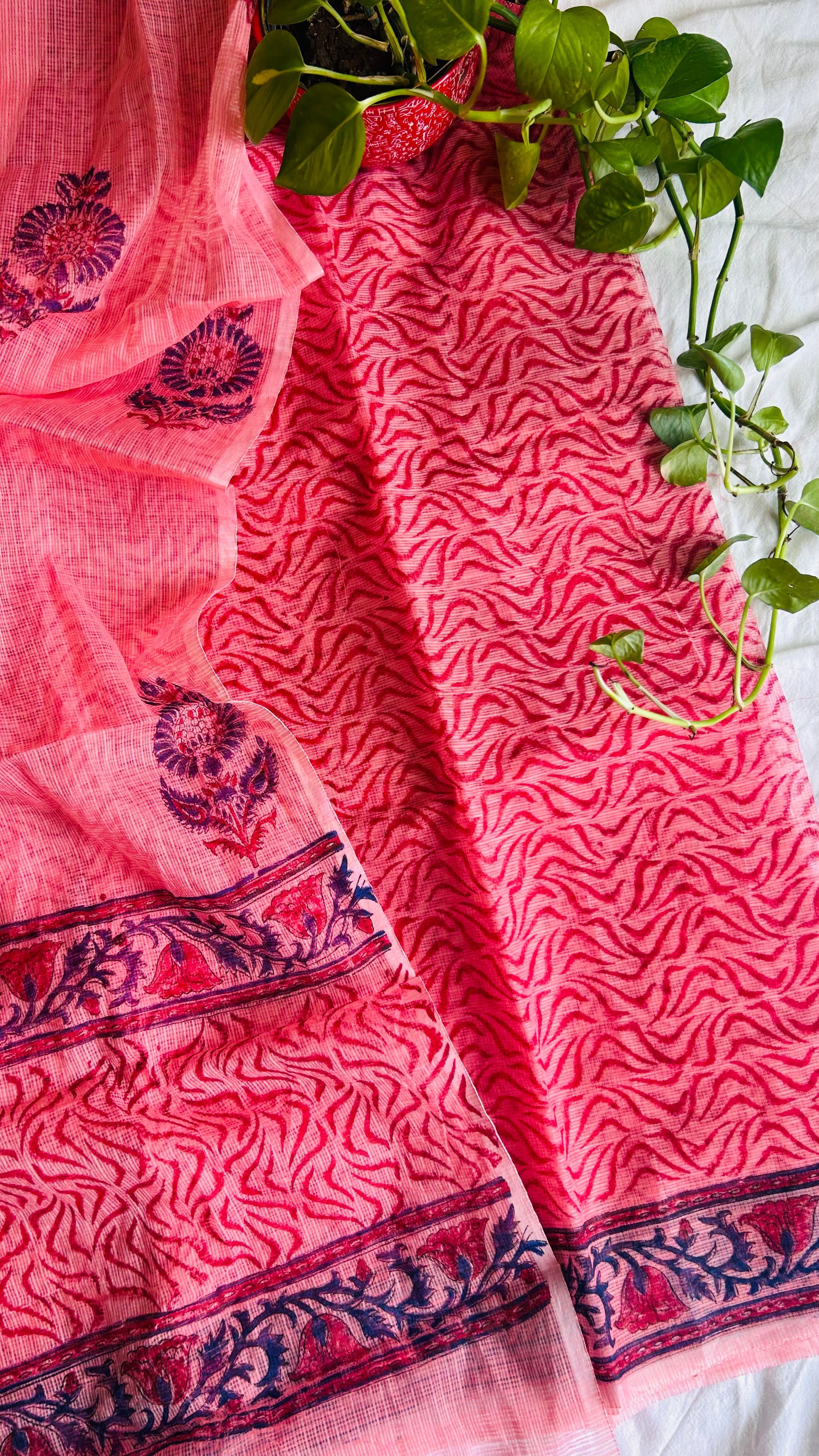Summer Look Kota Doria Hand Block Print Suit In Peach (unstitched)