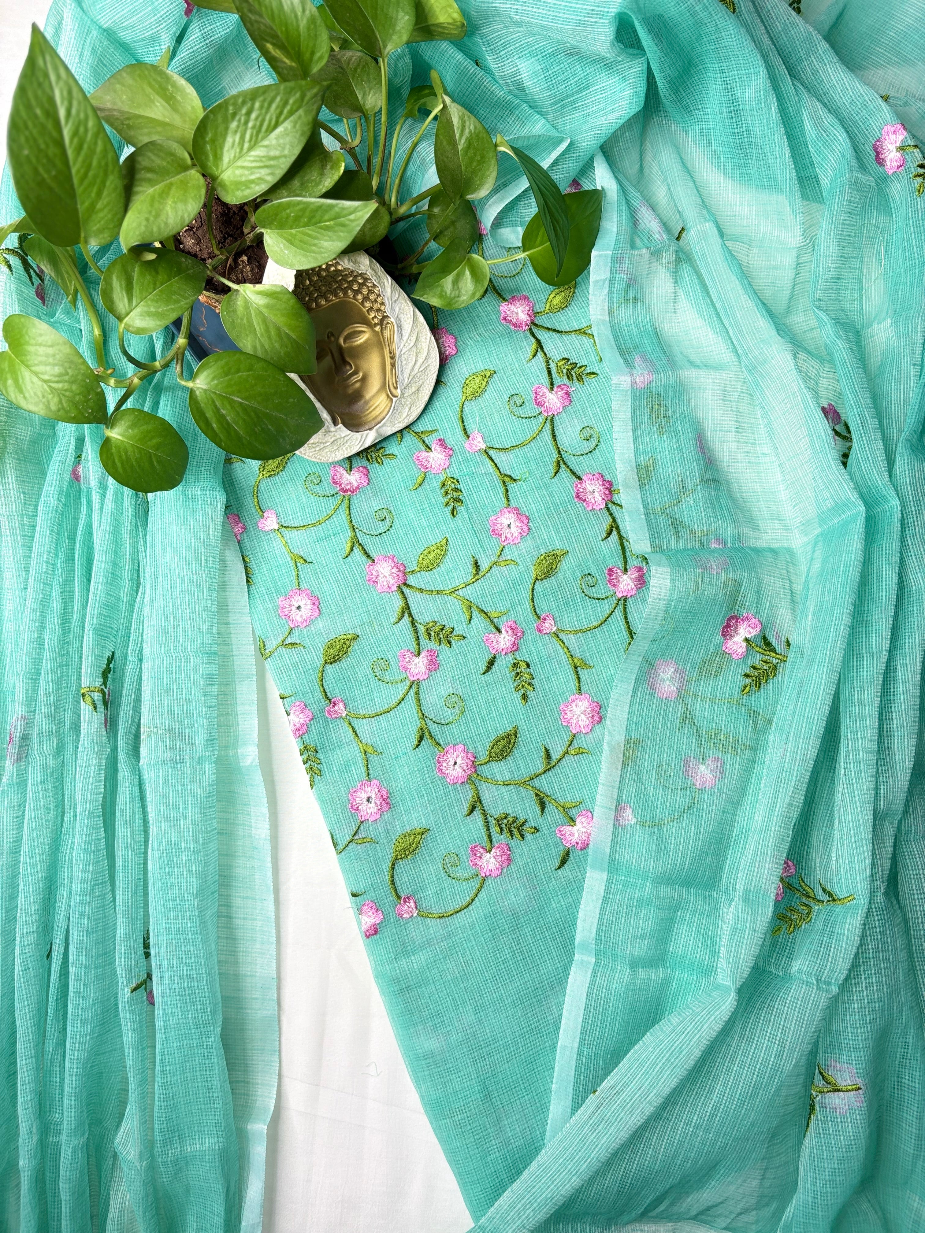 Roopsundari- Kota Doria Embroidered Suit Set In Sea Blue