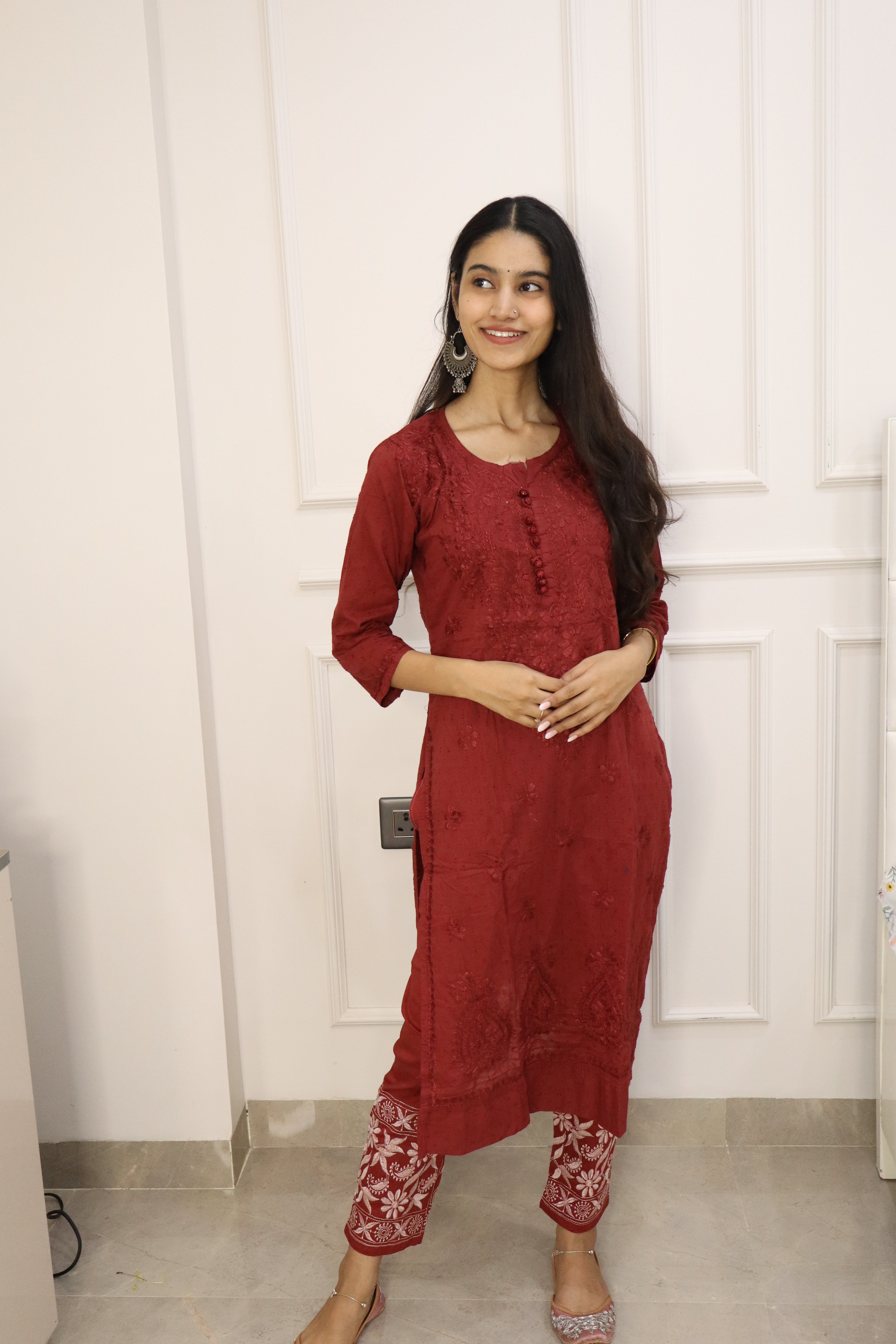 Coke Color Chikankari cotton Kurti With Pant