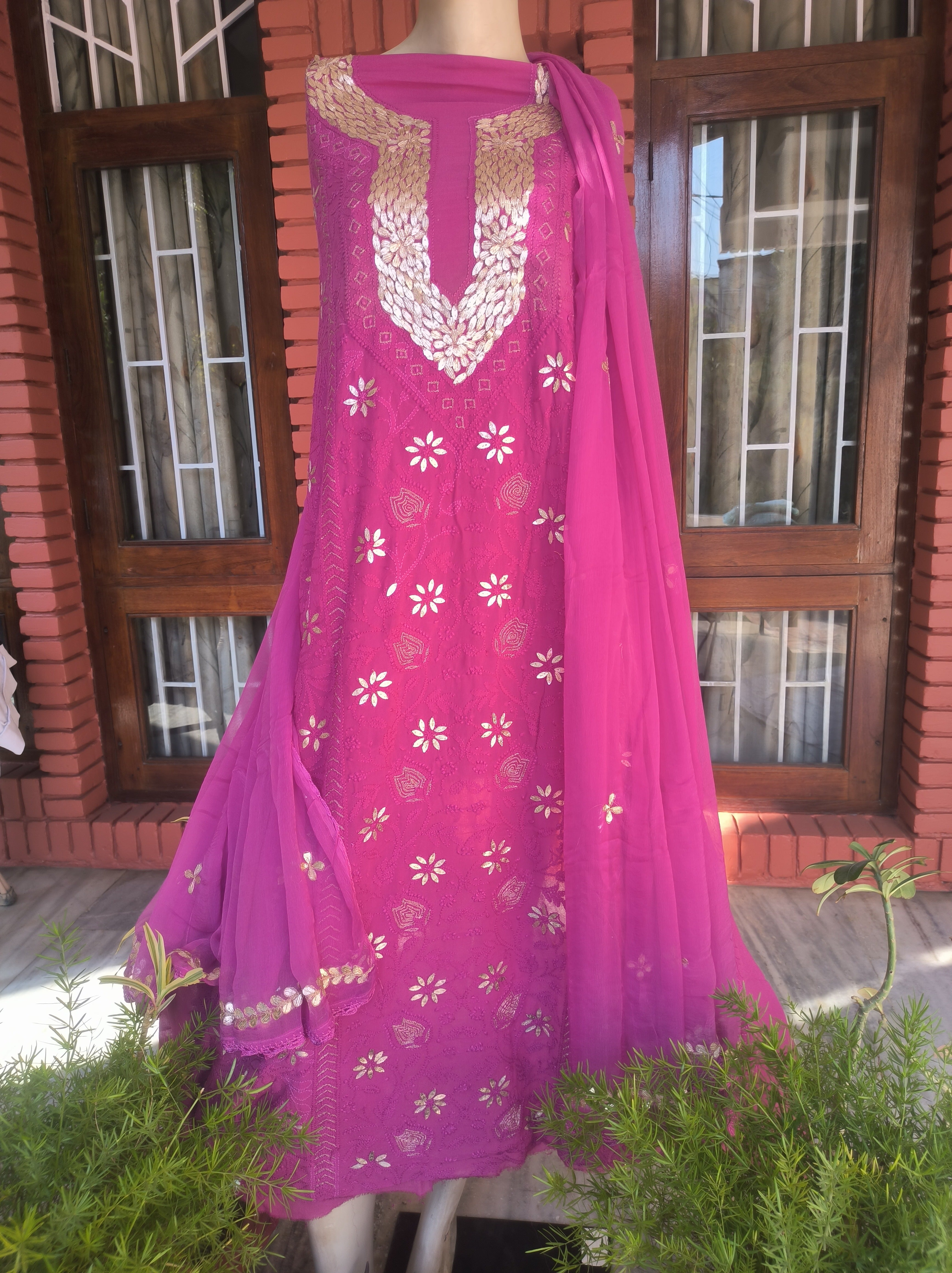 Pink Lucknowi Chikankari Gota Patti Salwar Suit(Dress Material)