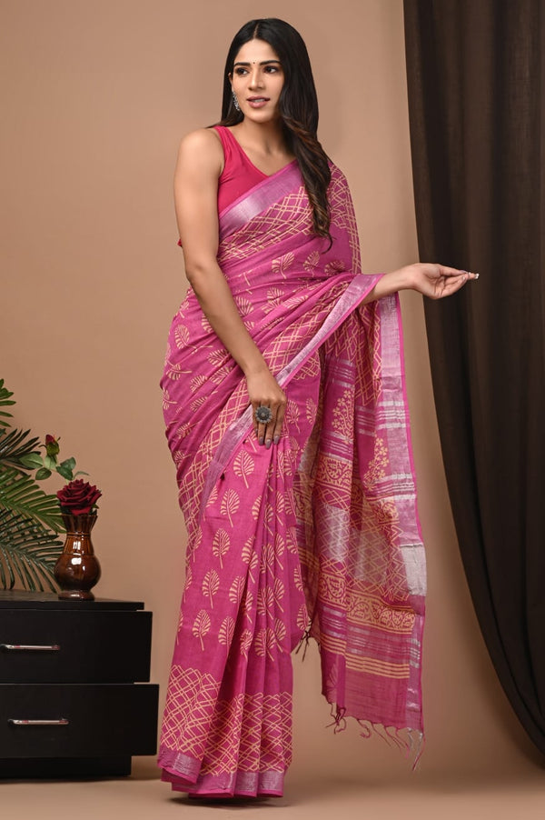 Pink Pure linen Saree With Zari Border