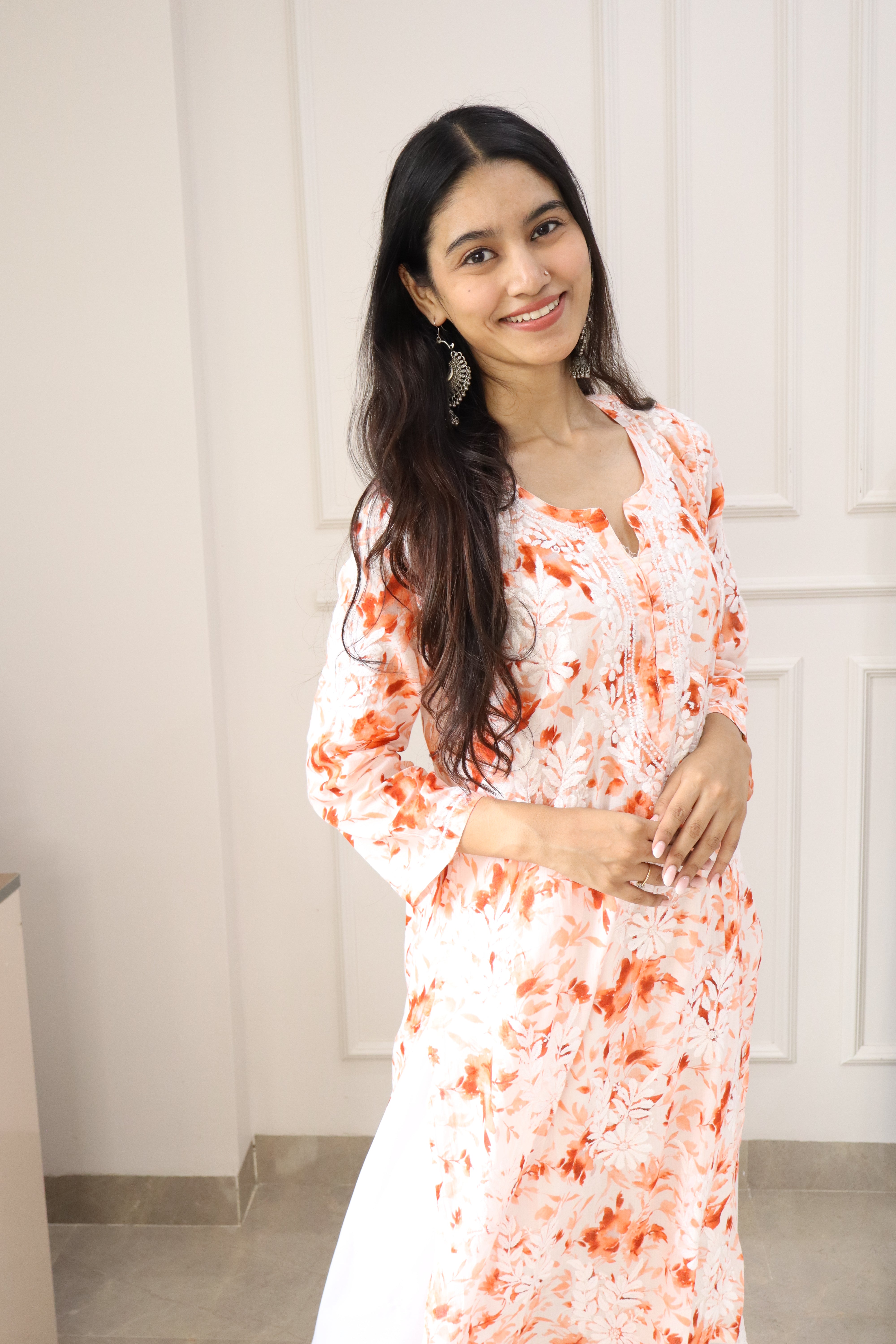 Beautiful Orange Mul mul cotton chikankari kurti