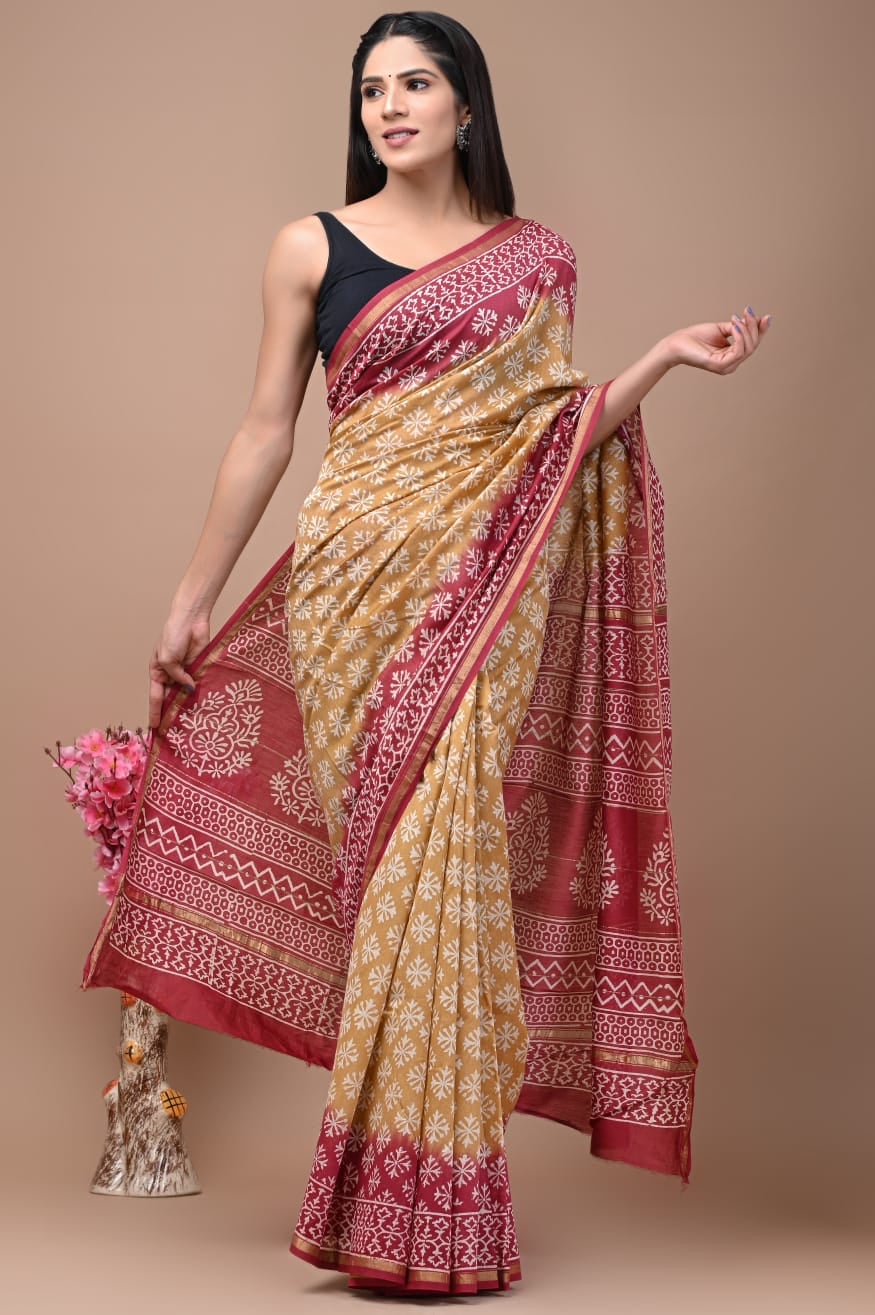 shop Handwoven Silk - Chanderi Saree With Golden Broad Border