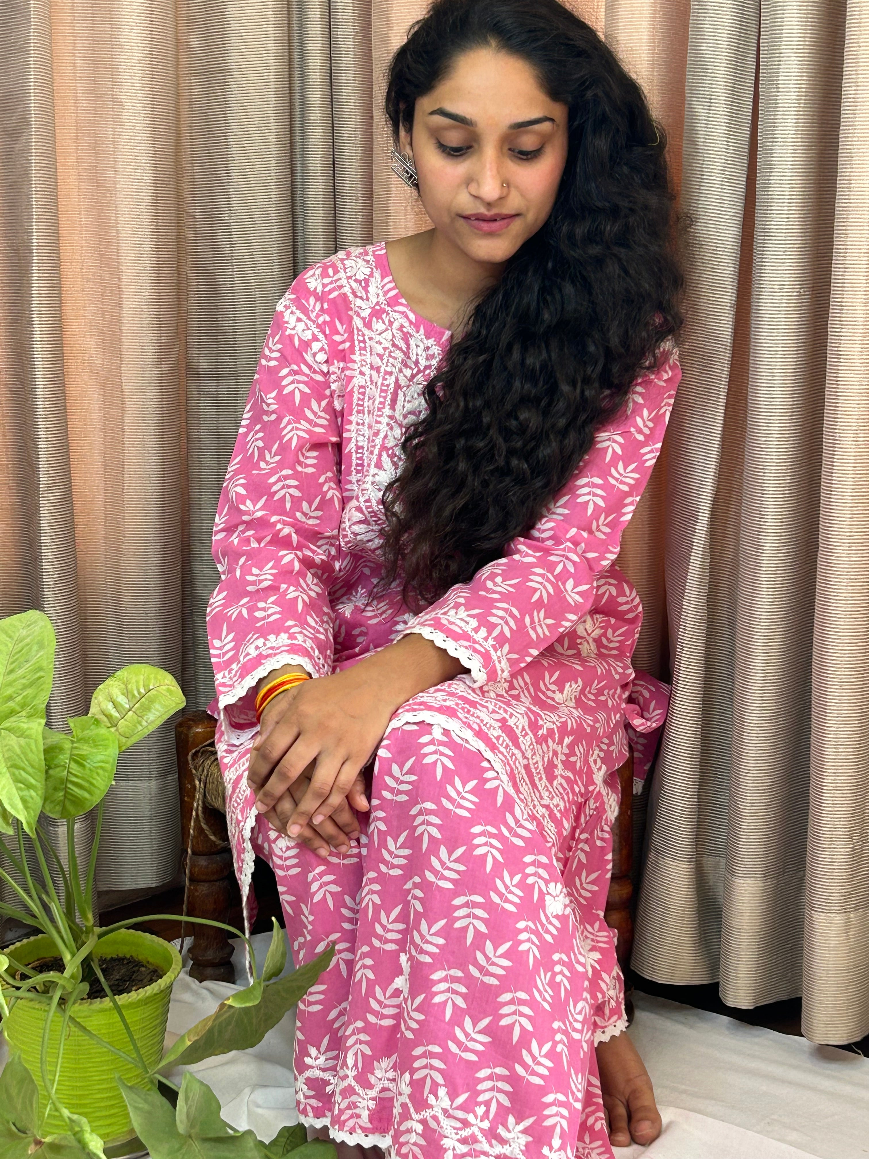 Pink Floral Lucknowi Cotton Chikankari Sharara Set