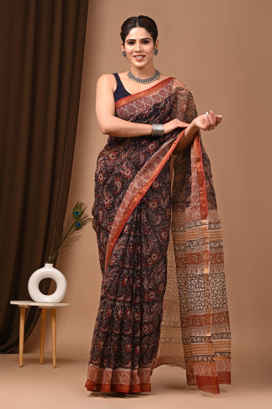 Elegant Black Red Kota Doria Traditional Print Saree