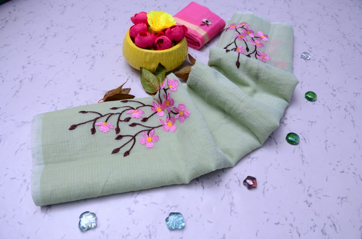 Green Kota Doria Embroidery Work Sari (Copy)