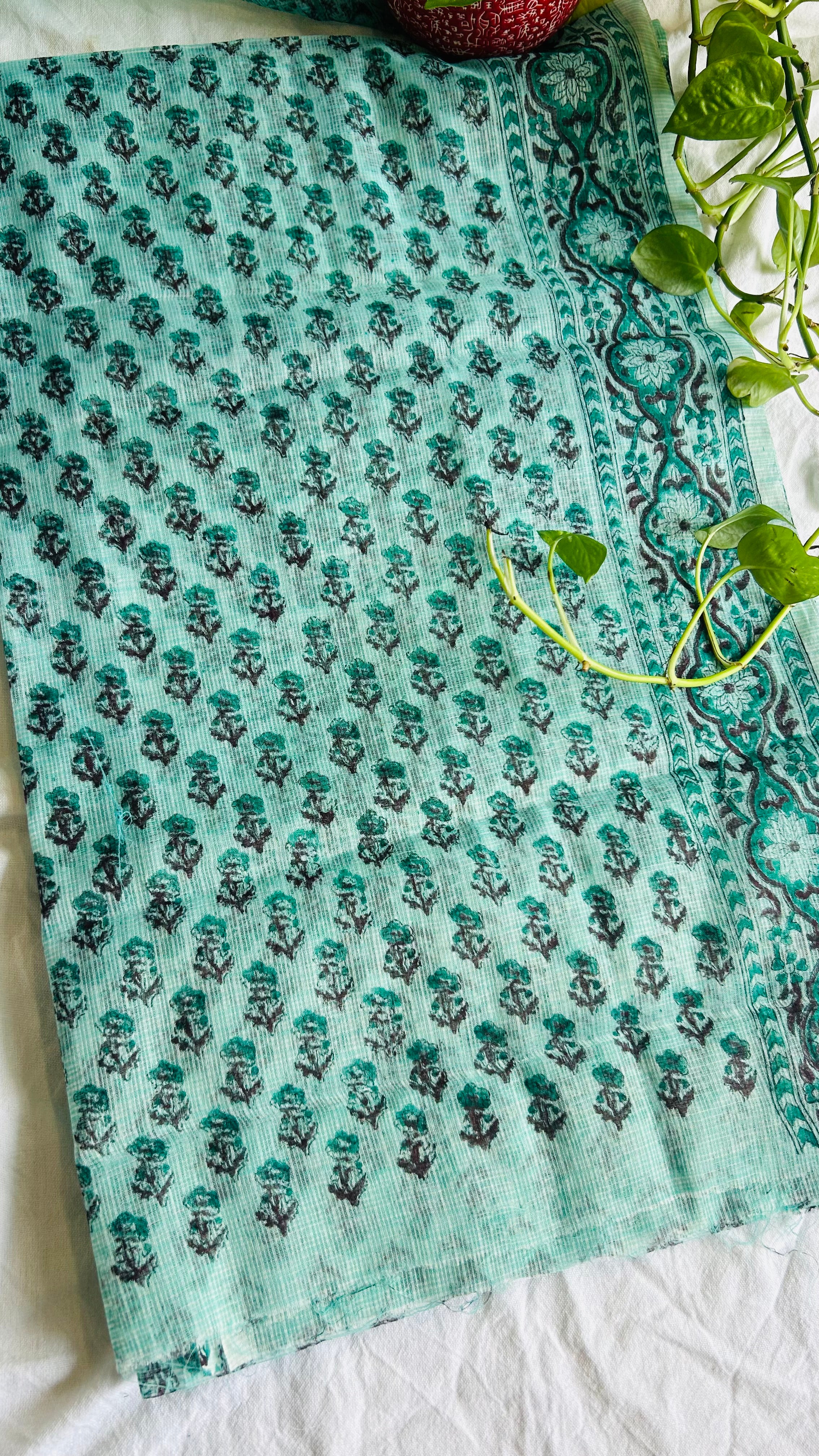 Summer Look Kota Doria Hand Block Print Suit In Green (unstitched)