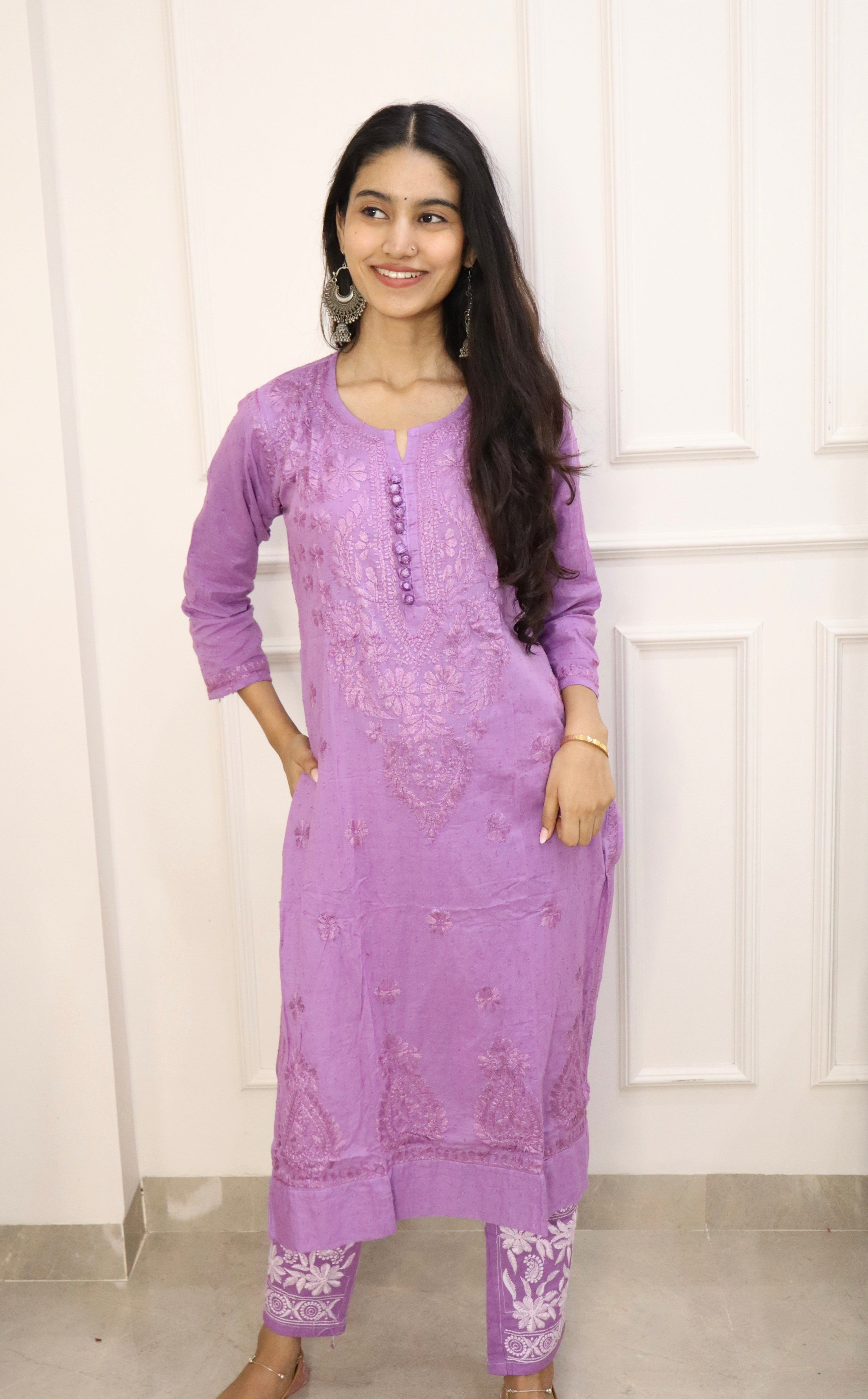 Light Purple Chikankari cotton Kurti With Pant