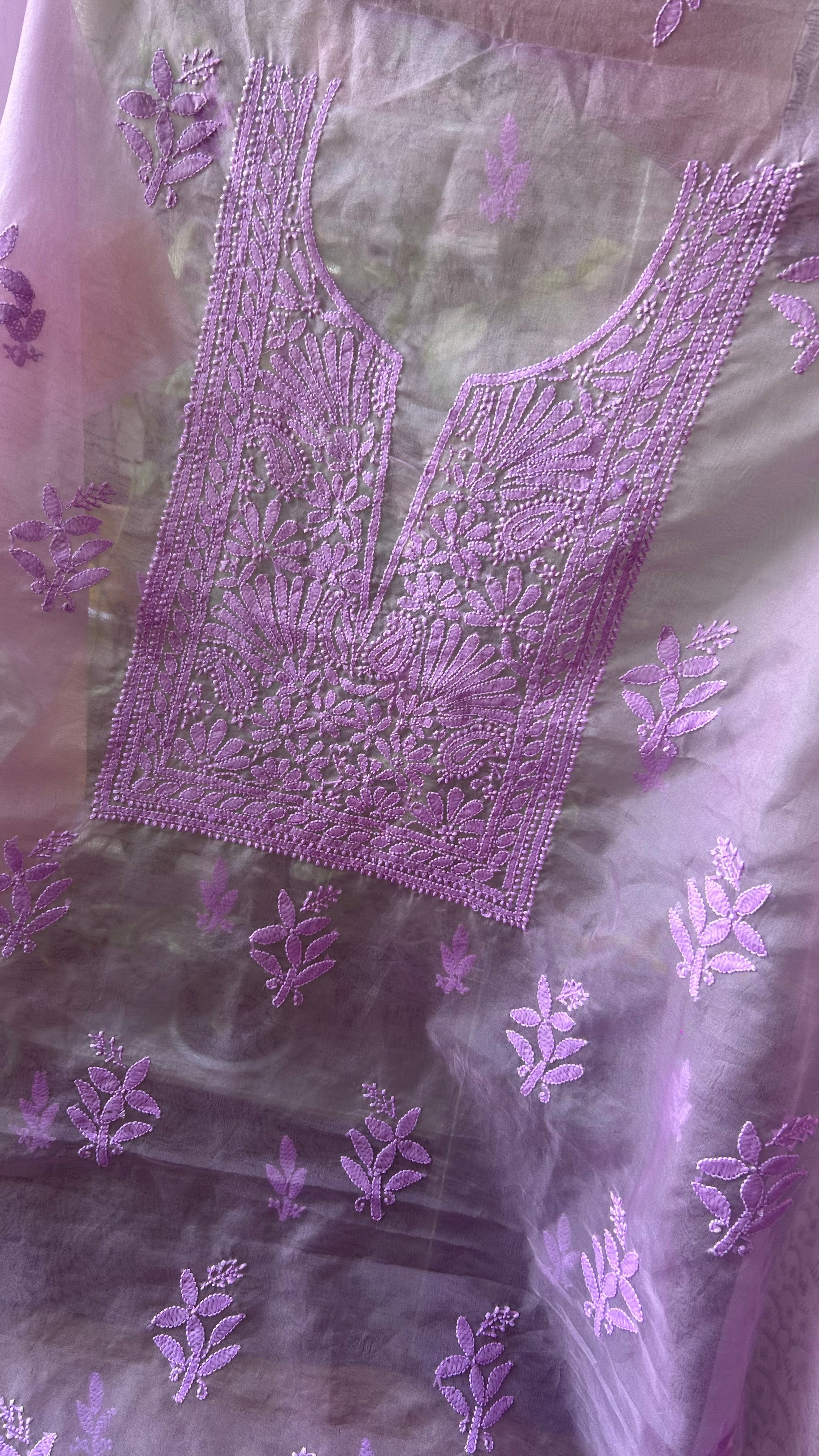 Lavender Purple Chikan work Organza Salwar Suit fabric