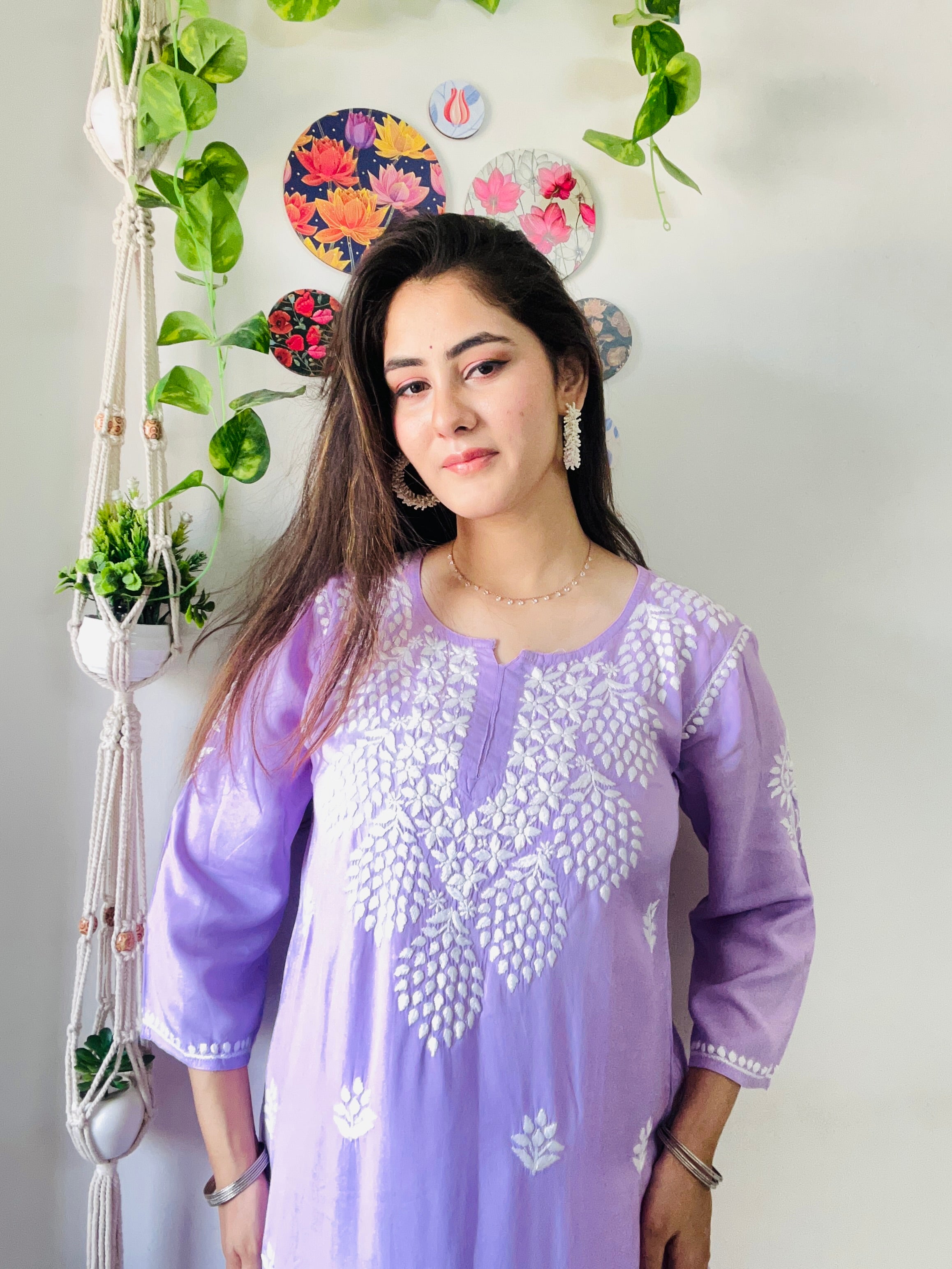 Trendy Lilac Chikankari Kurti Plazaao Set In Rayon