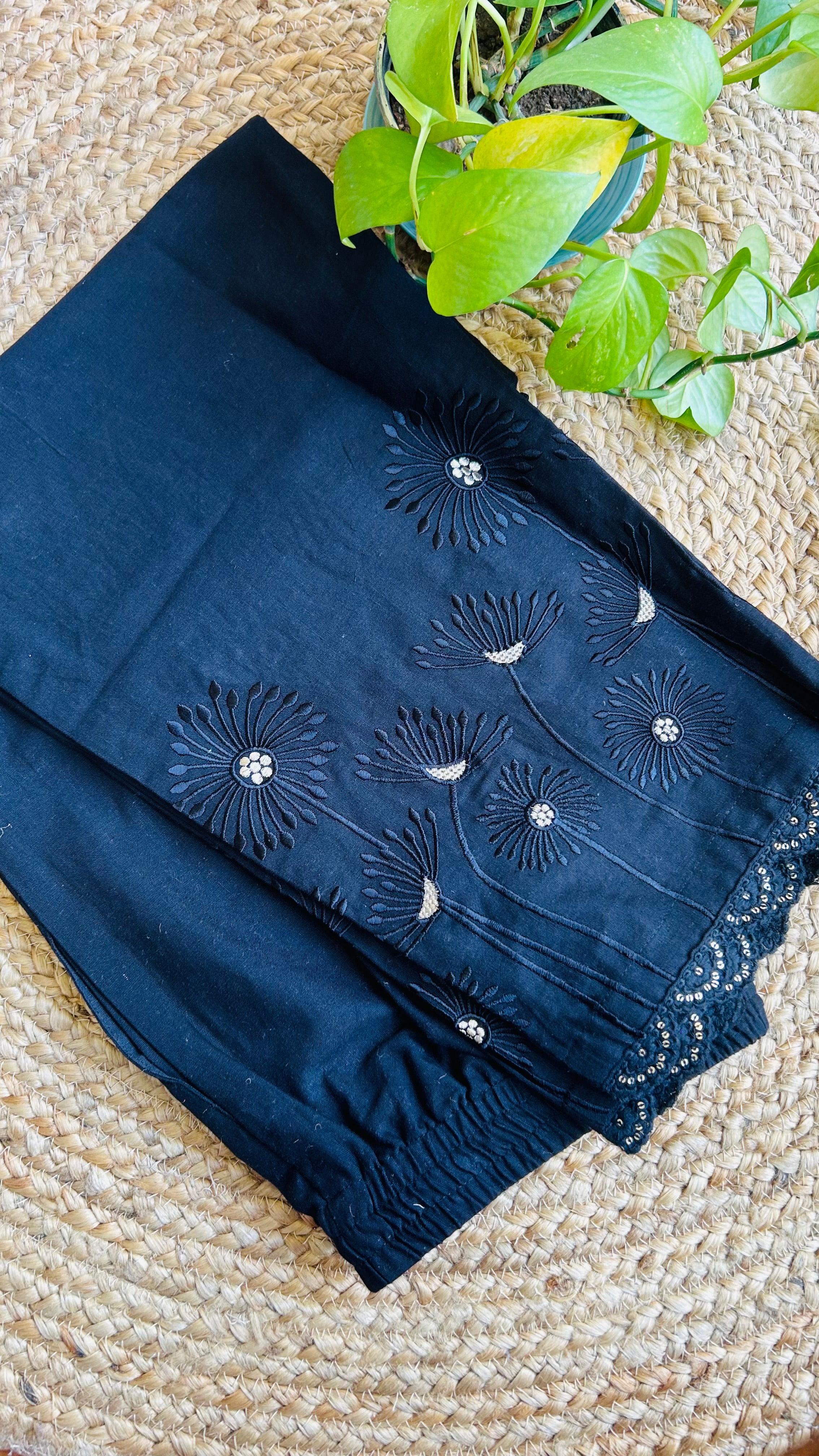 Avika Black Flower Embroidery Straight Pant In Cotton For Women