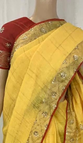 Yellow Pure Linen Saree With Embroidery