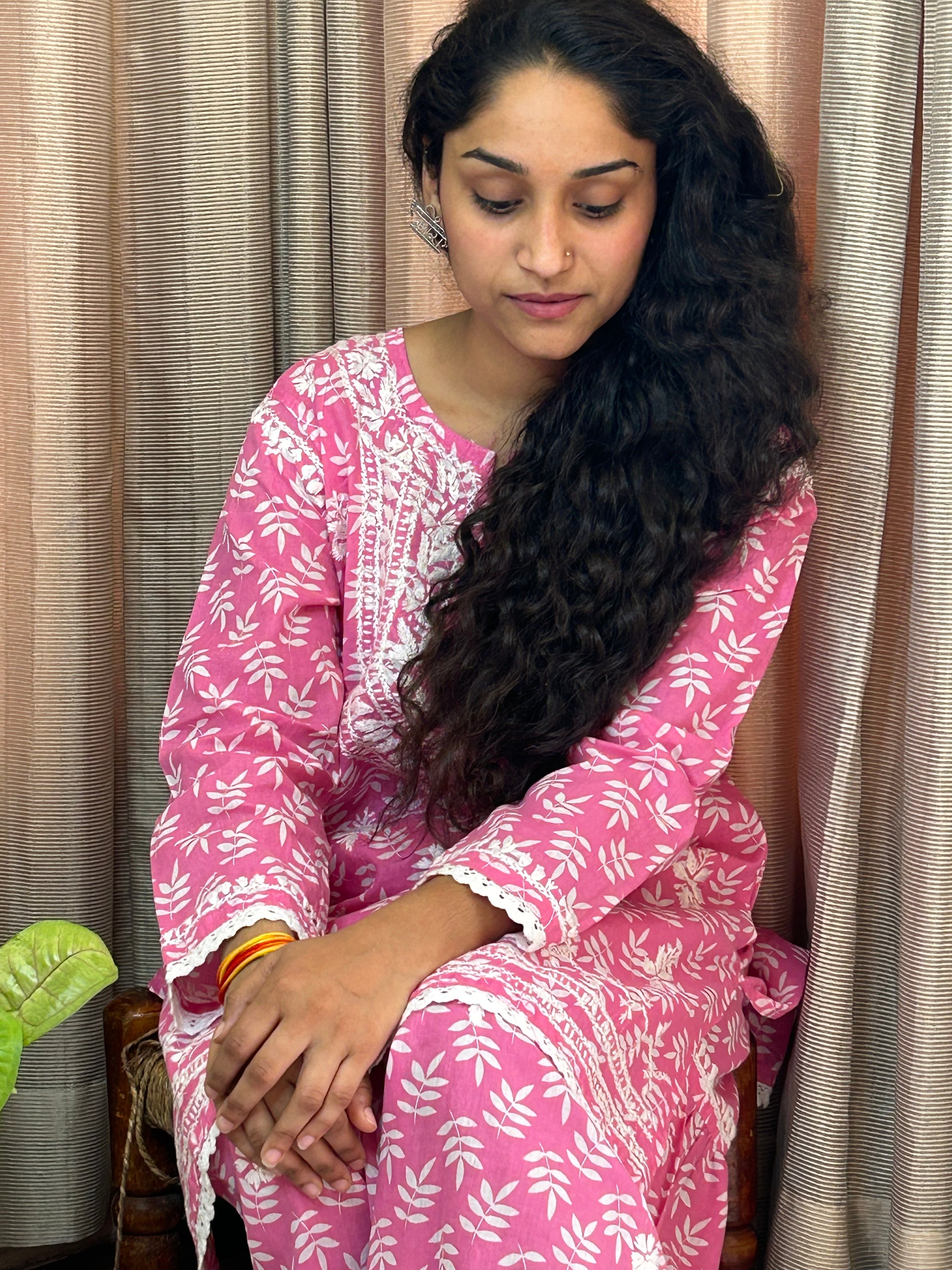 Pink Floral Lucknowi Cotton Chikankari Sharara Set
