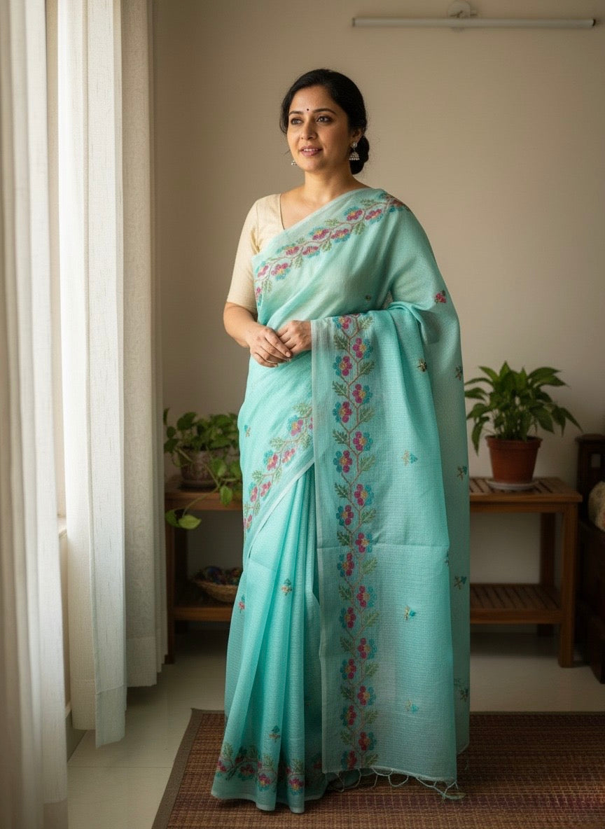 Harkha- Cross Stitch Kota Doria Embroidery Work Saree In Sea Green