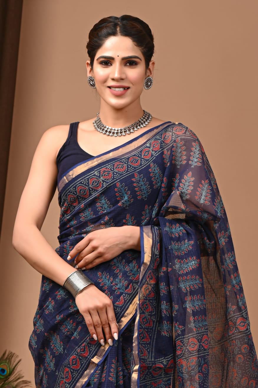 Trending Navy Blue Kota Doria Dot Print Saree