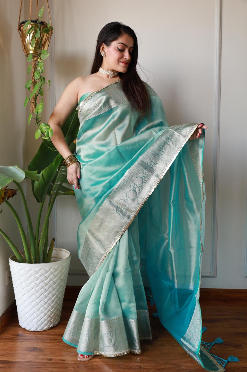 Celebrity Loved Blue Tissue Saree