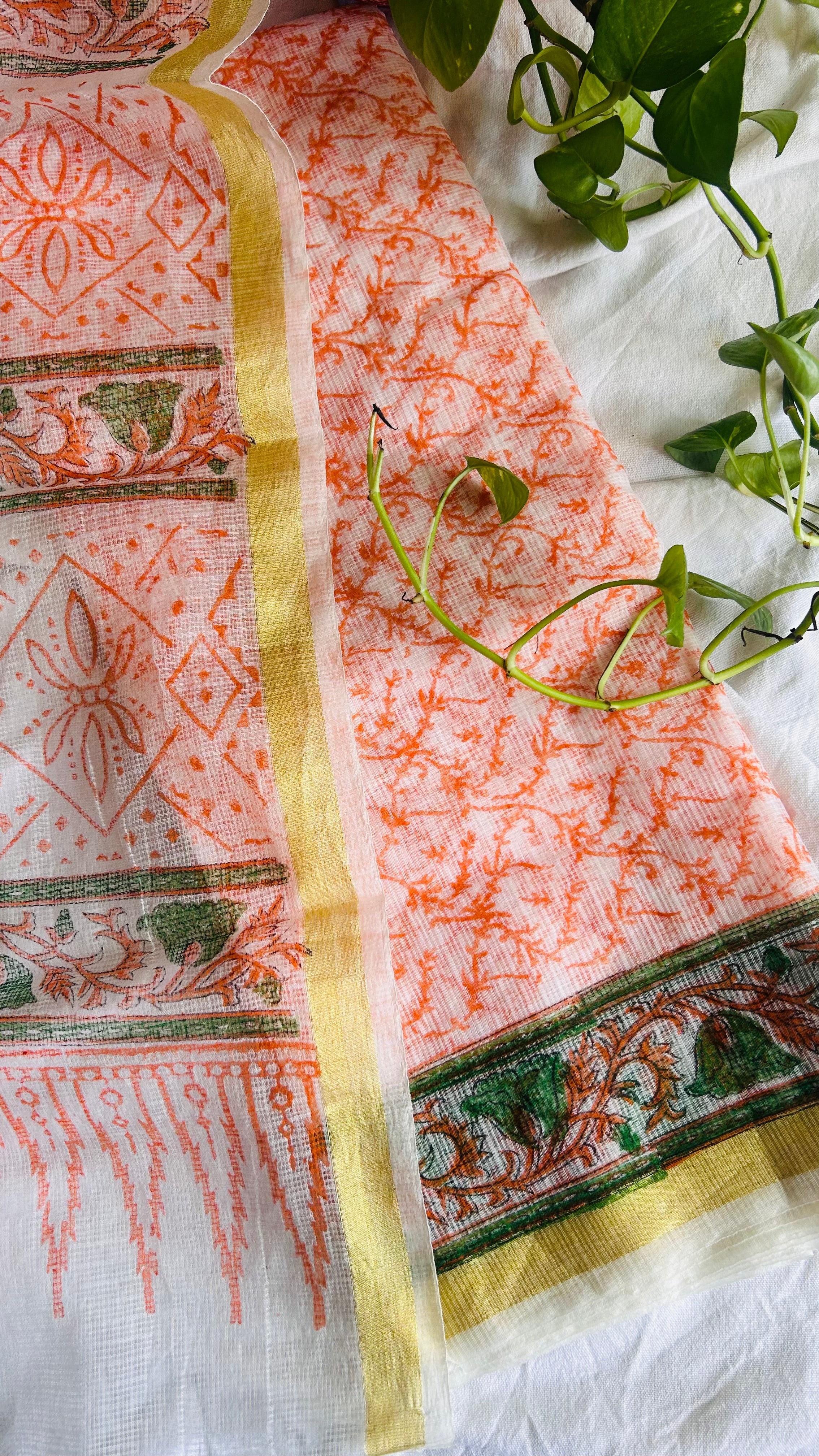 Summer Look Kota Doria Hand Block Print Suit In Peach (unstitched)