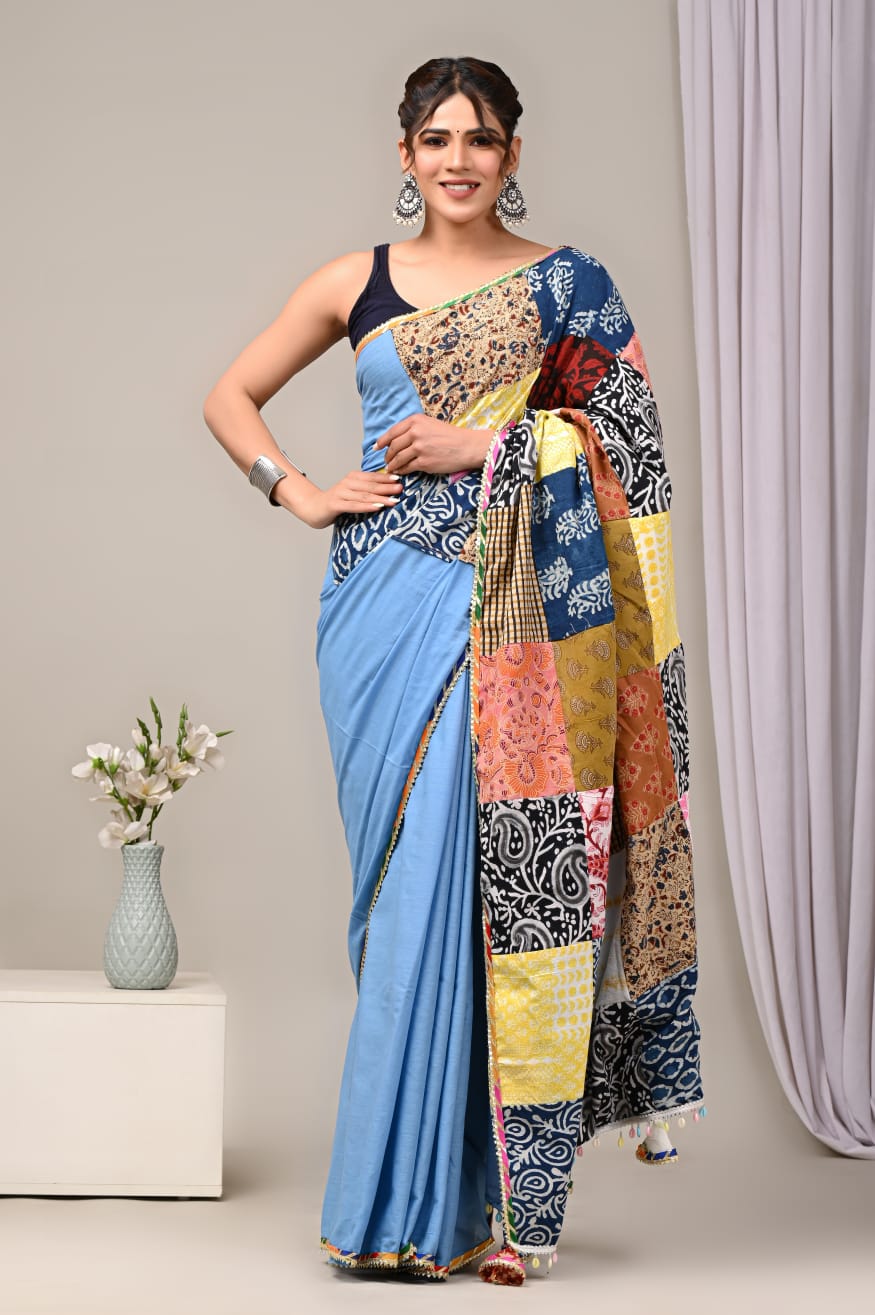 Mulmul Cotton Saree In blue