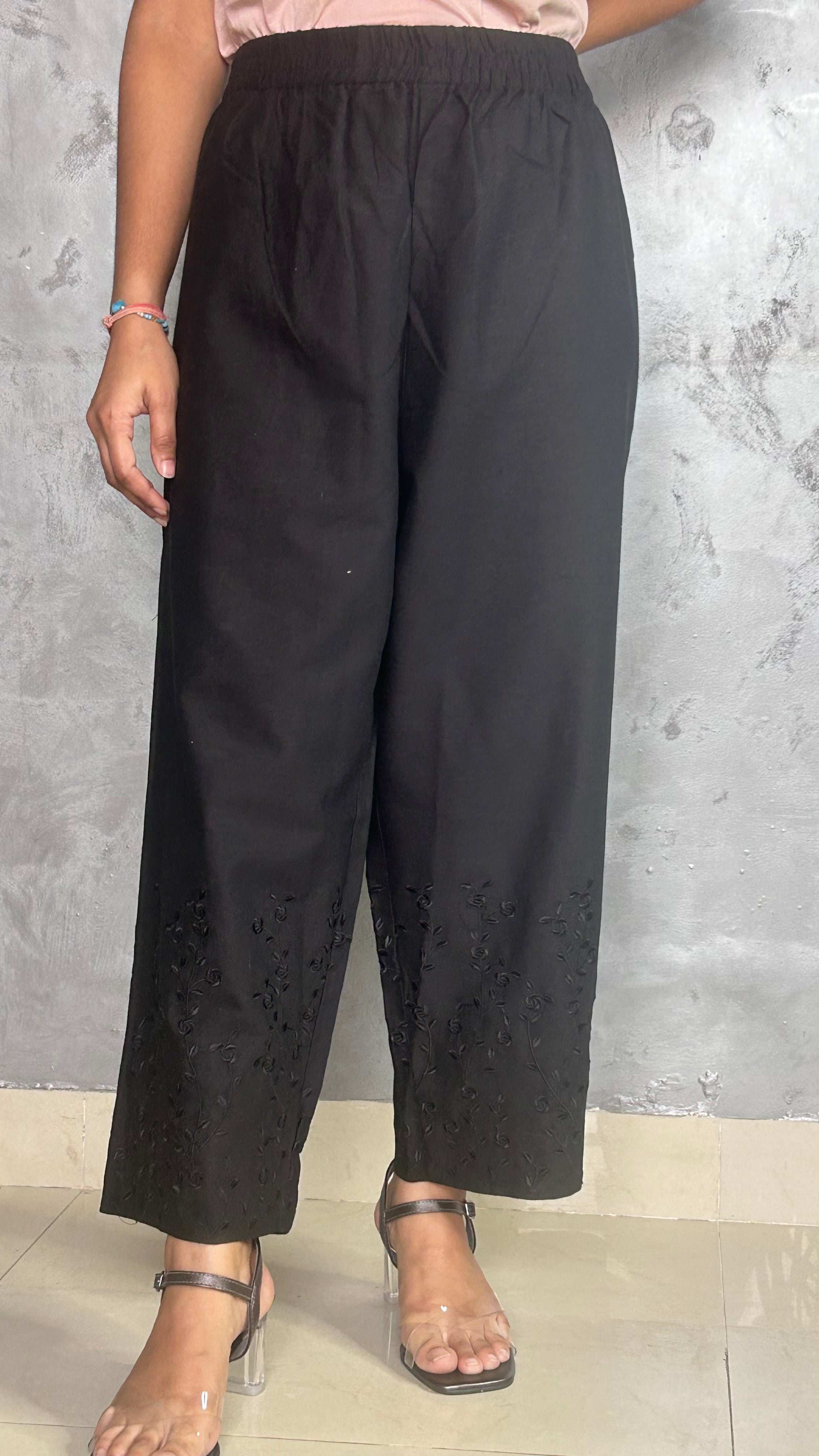 Black Embroidery Straight Pant In Cotton