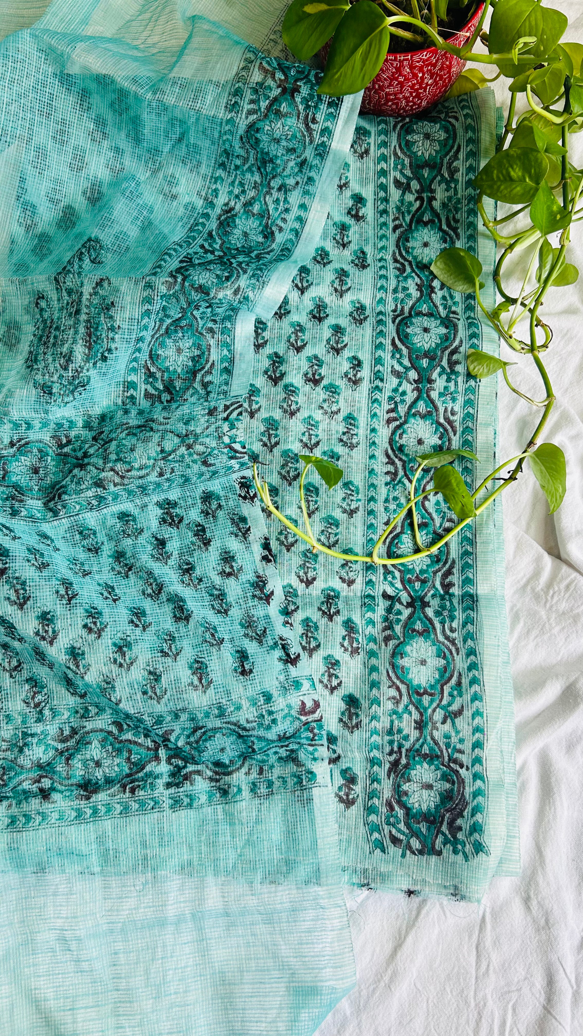 Summer Look Kota Doria Hand Block Print Suit In Green (unstitched)