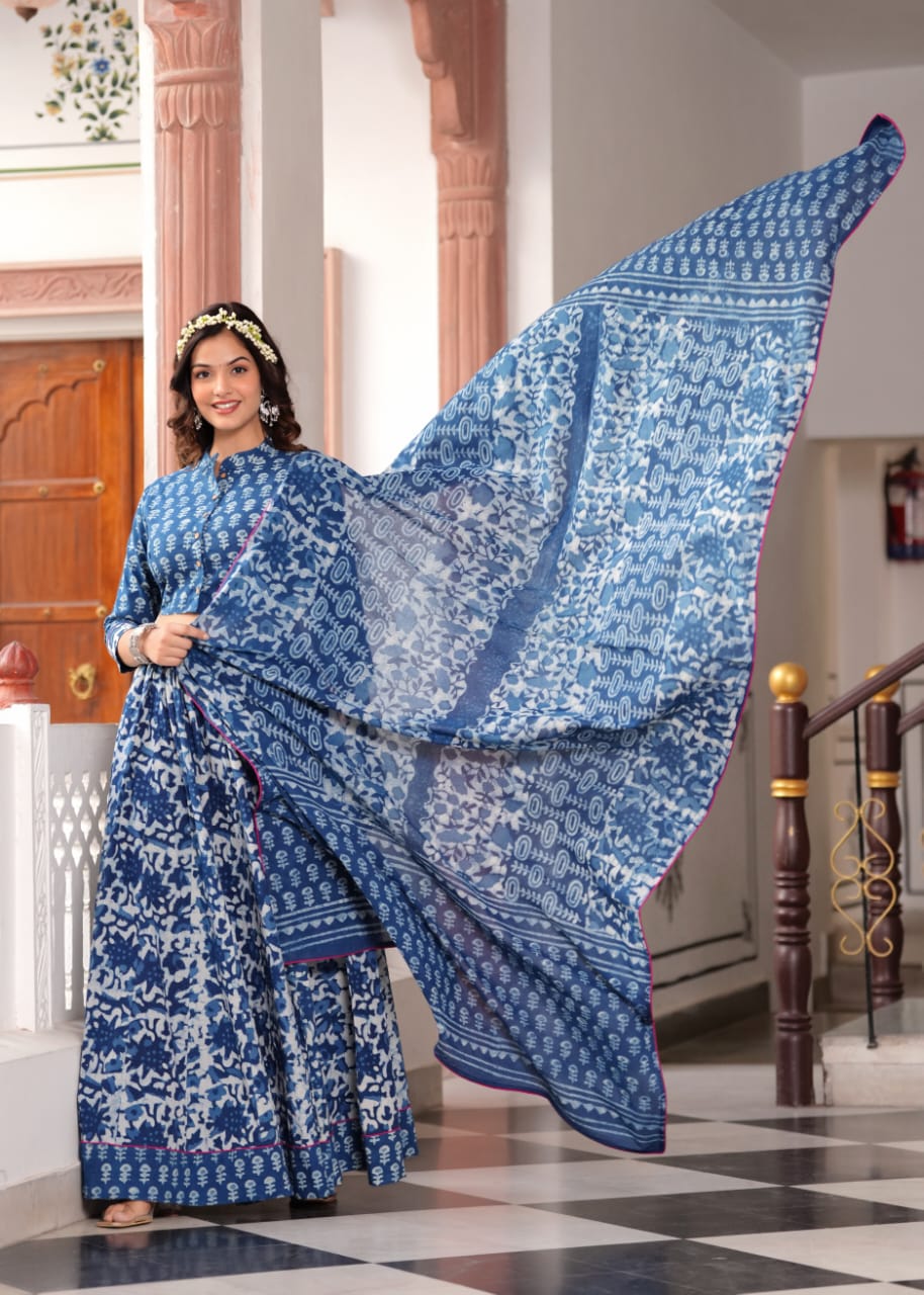 Indigo Bagru Print Flora lehenga choli Set