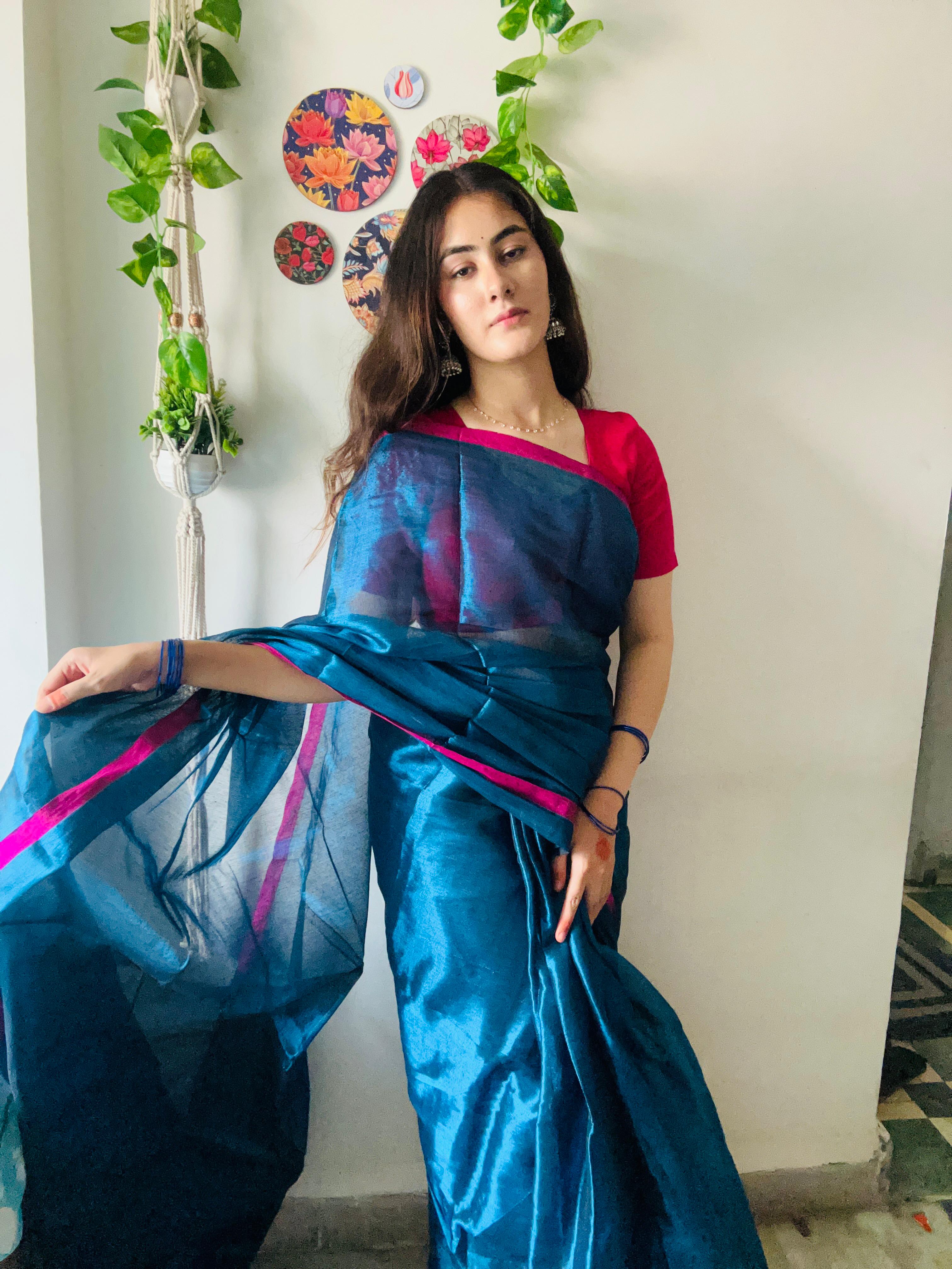 Blue Tissue Silk Saree With Blouse