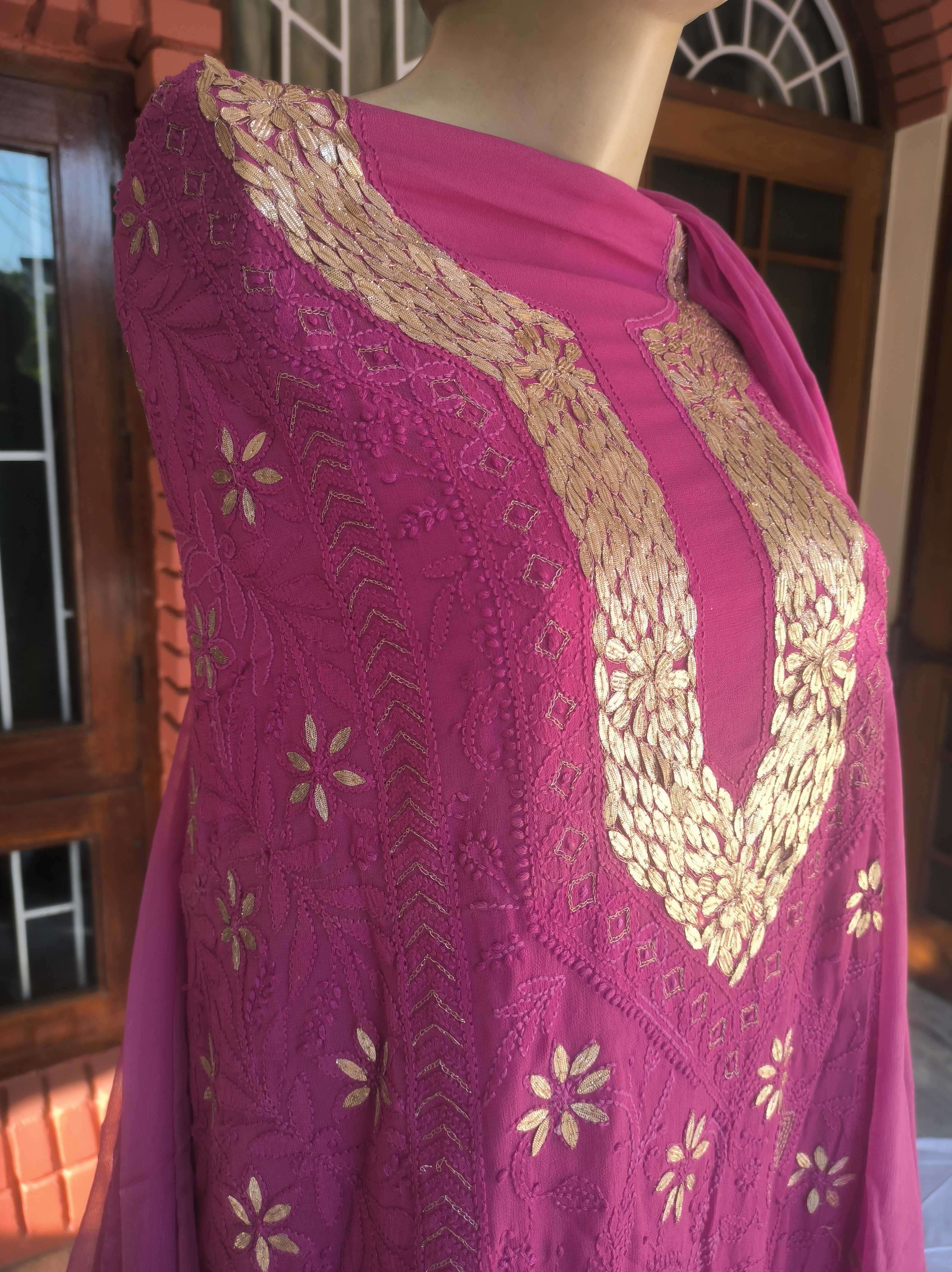 Pink Lucknowi Chikankari Gota Patti Salwar Suit(Dress Material)