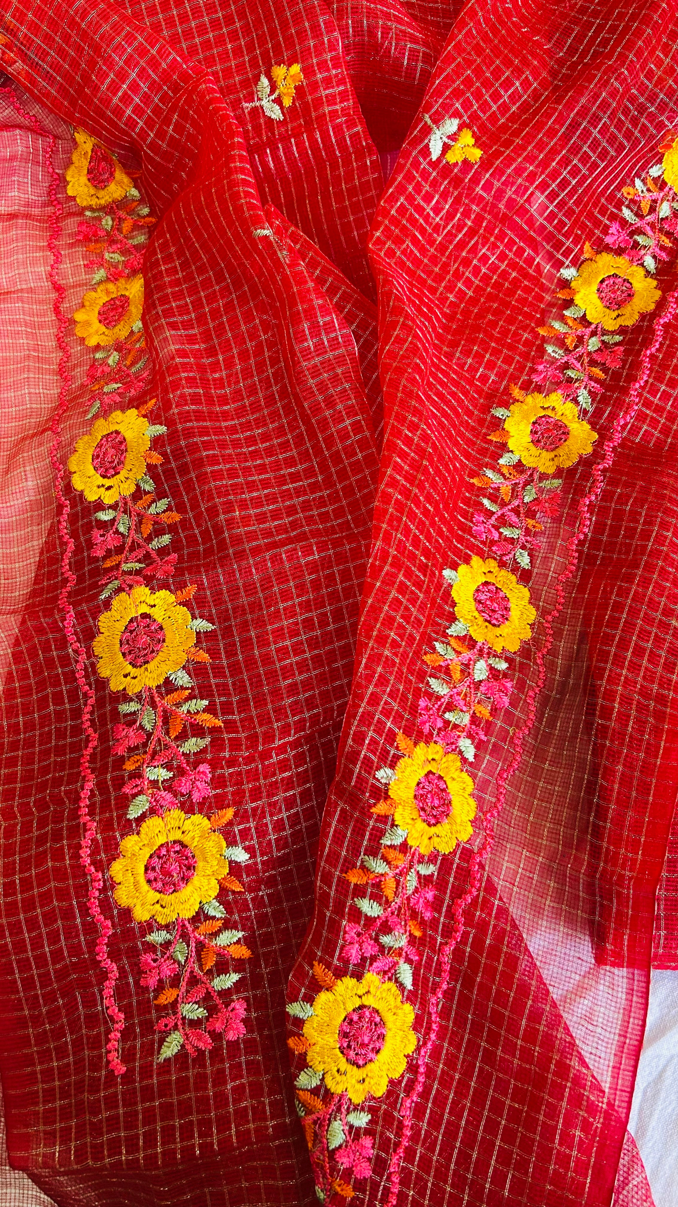 Kota Doria Embroidered Suit Set In Red (unstitched)
