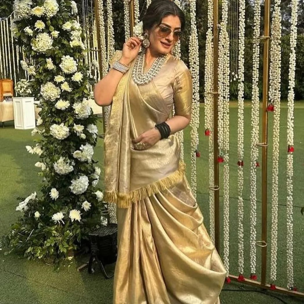 Ravina Tandon Inspired Golden Tissue Saree