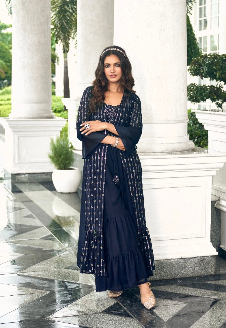 Buy Navy Blue Striped Dress with Shrug Online - Ritu Kumar International  Store View