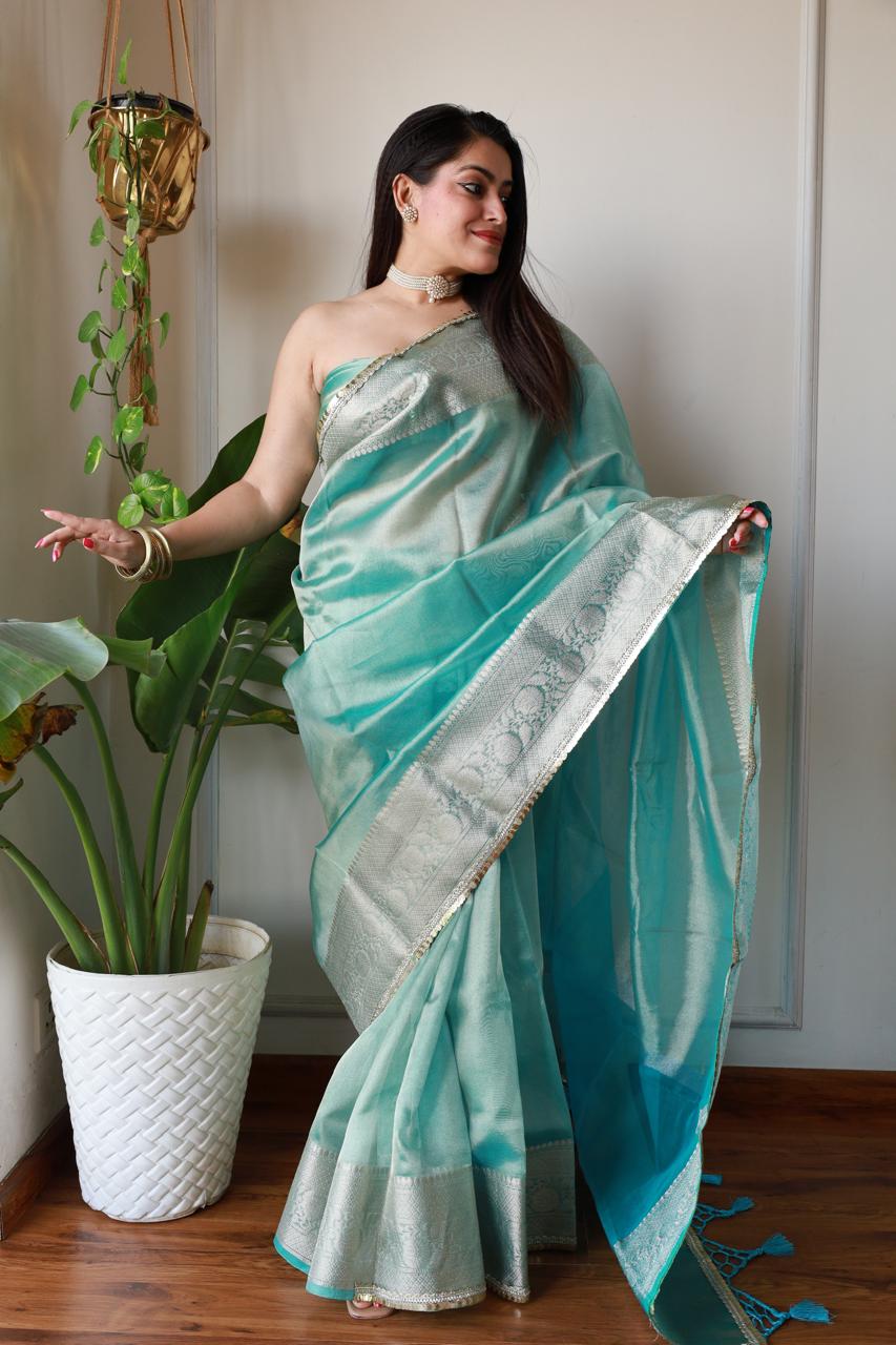 Celebrity Look Blue Tissue Saree