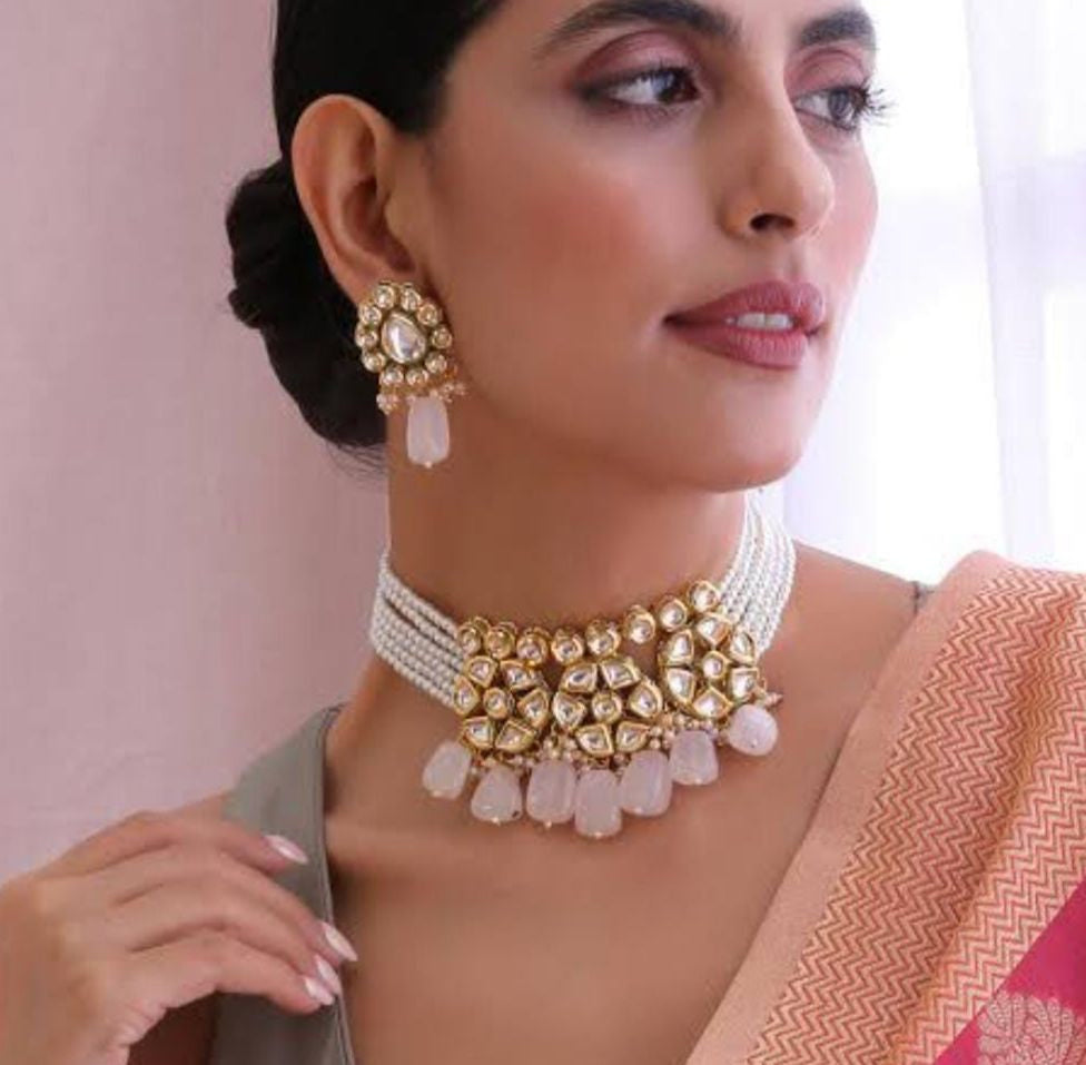 Pink white Kundan Necklace Set