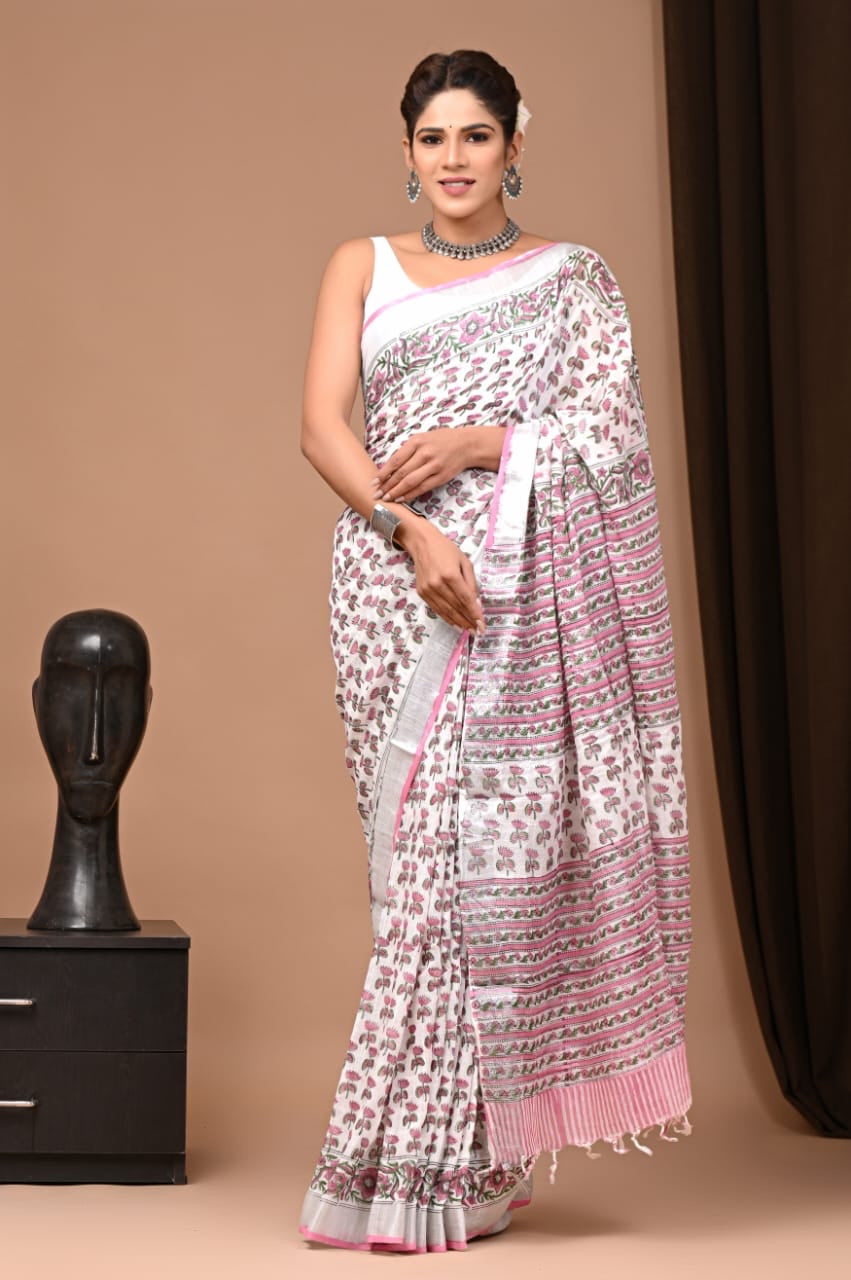 White Pure Linen Saree